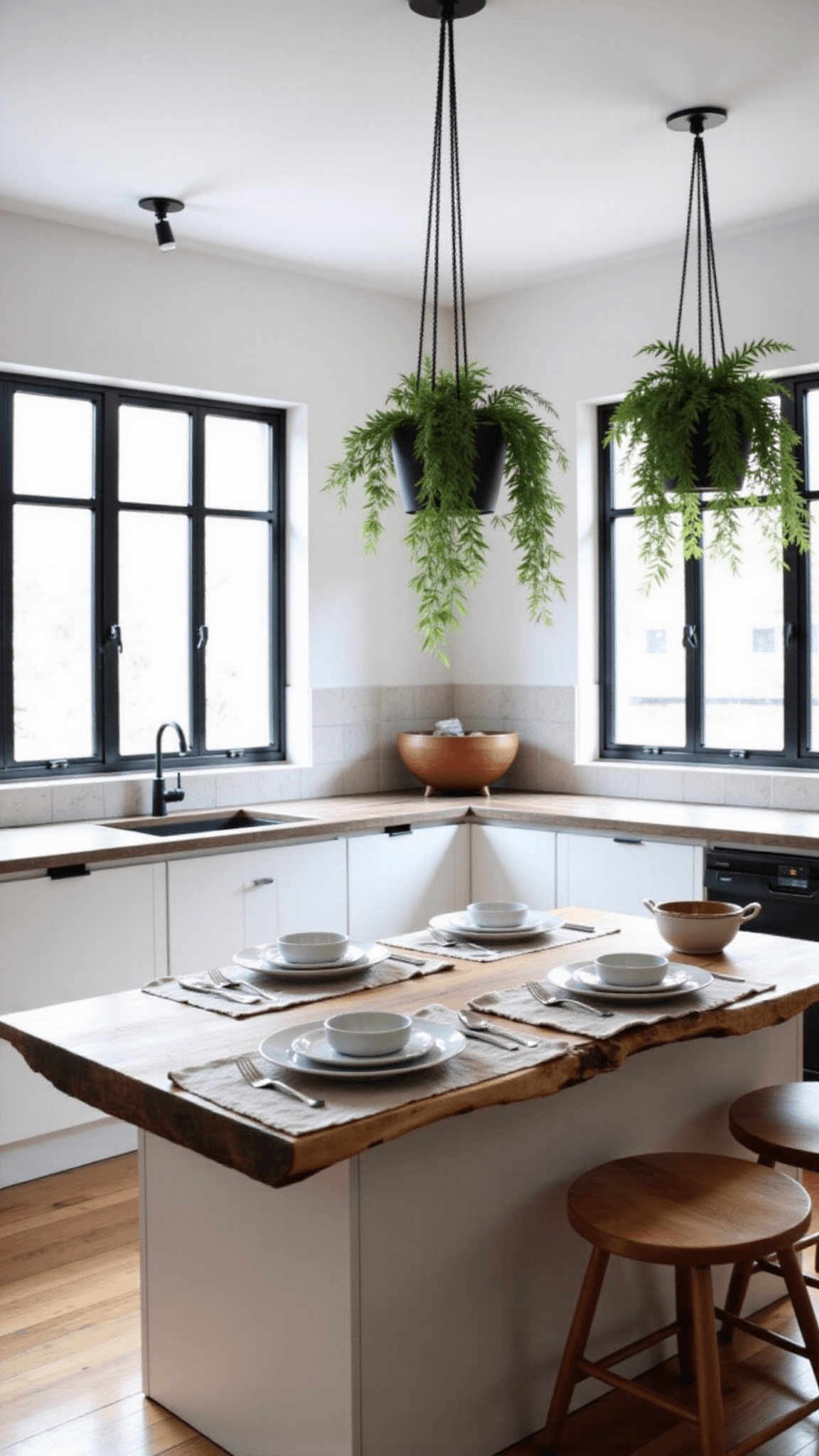 Scandinavian-inspired kitchen with white cabinetry, black steel-framed windows, a live-edge wood breakfast bar with minimalist tableware, and hanging plants under high-key lighting