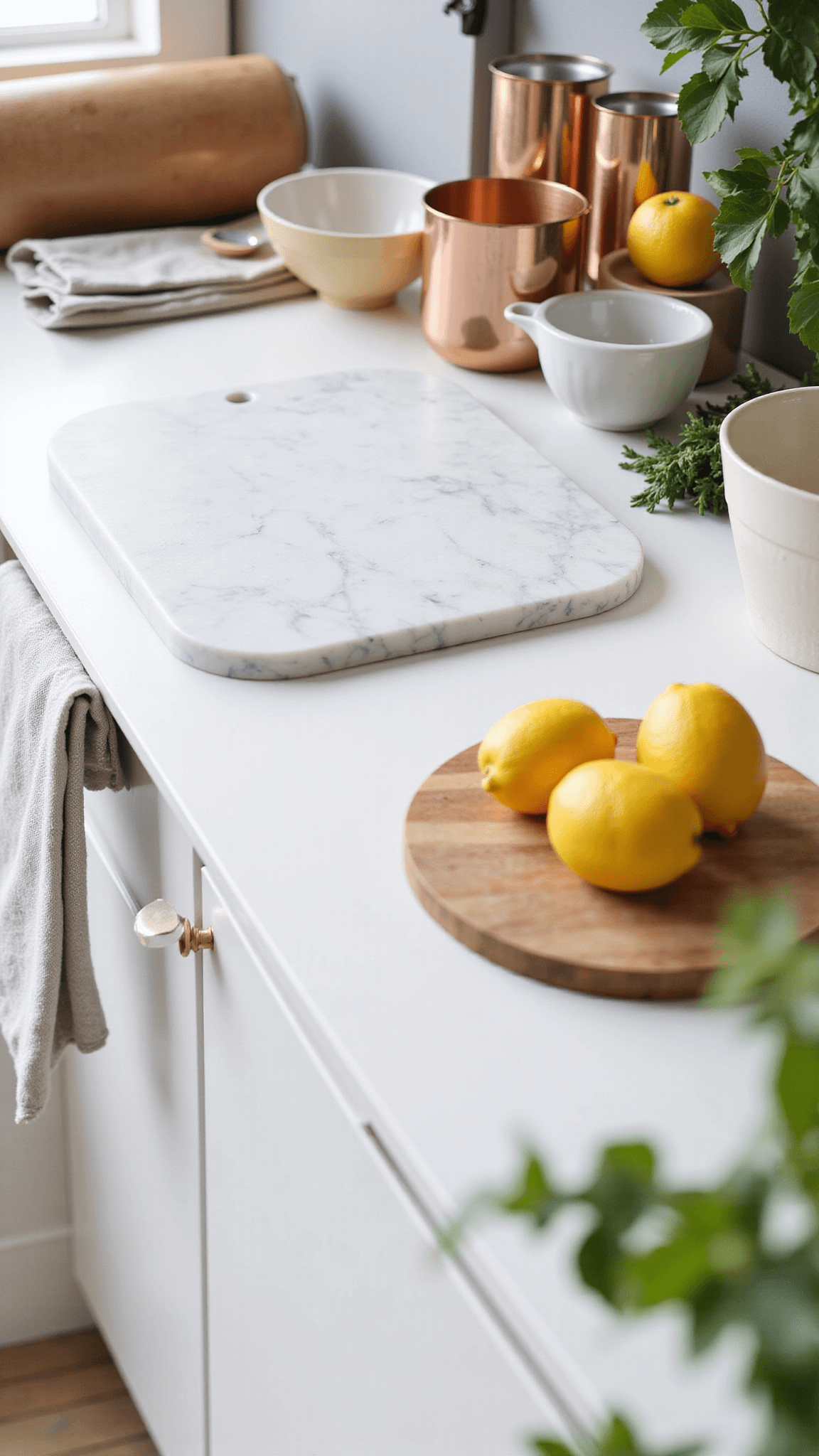 Modern kitchen baking station in soft morning light with marble pastry board, copper measuring cups, ceramic bowls, linen tea towels, and pops of color from citrus and herbs