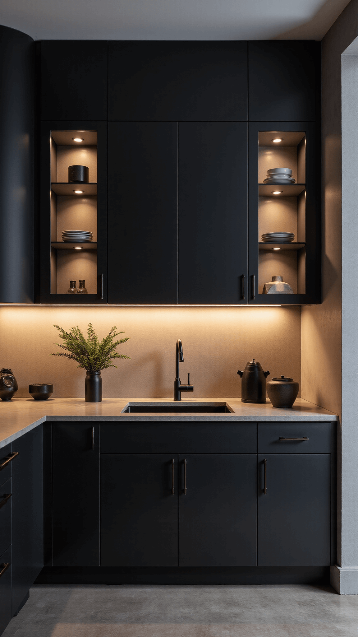 Tilt-shift image of a modern industrial kitchen at twilight with black steel cabinets, concrete countertops, ambient under-cabinet lighting, minimalist ceramics style, and strategically placed accent lights.