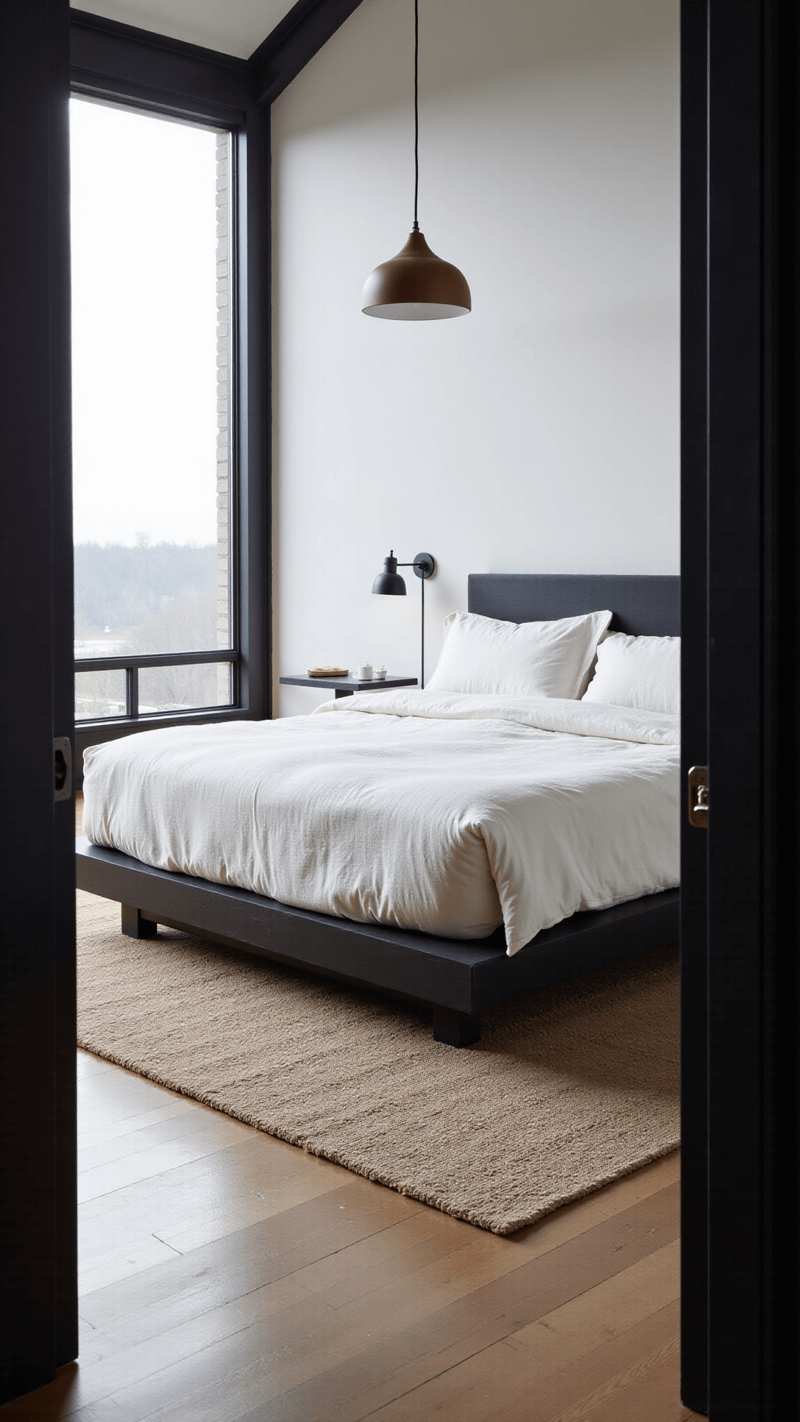 Tranquil master bedroom with vaulted ceiling, steel-framed windows revealing morning mist, rumpled bone-white linen on blackened cedar bed, handwoven wool rug, and soft lighting from a ceramic pendant. Decor colors in fog gray, charcoal, ivory, and pale oak.