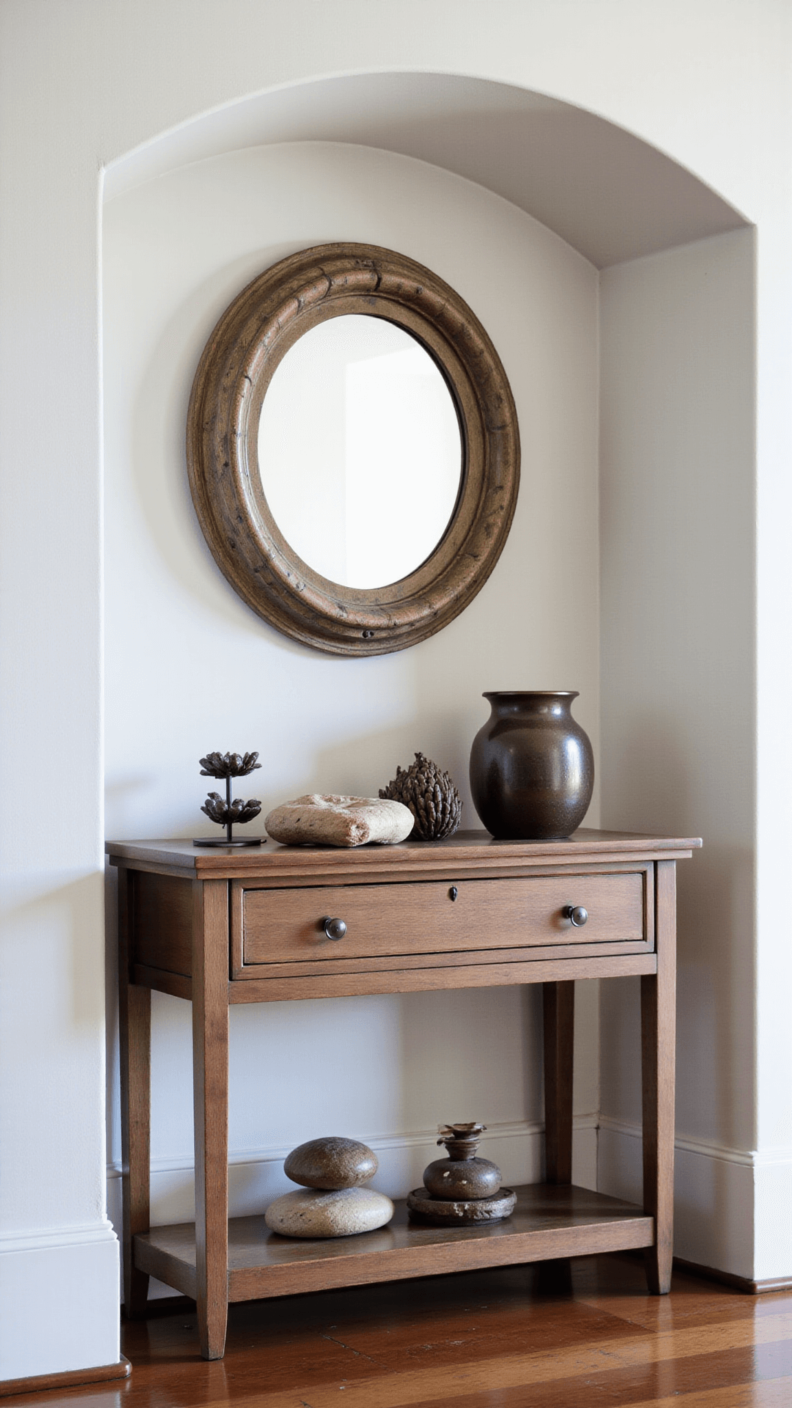 Vintage oak console in 6x8ft alcove presenting found objects, reflected by aged bronze mirror on lime wash walls, shot with shallow depth of field.