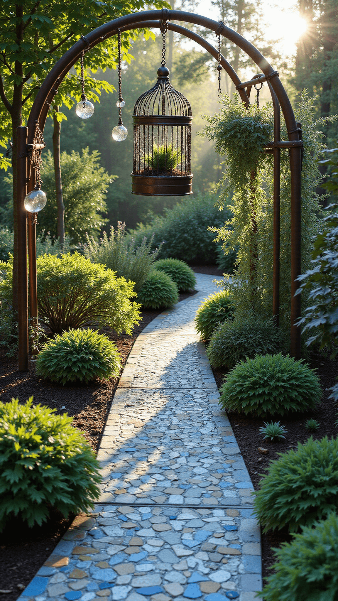 Bird's eye view of a sunlit garden corner with a mosaic pathway leading to a bird cage succulent garden, with morning dew on spider webs and copper stakes with glass orbs, shot in sharp detail.