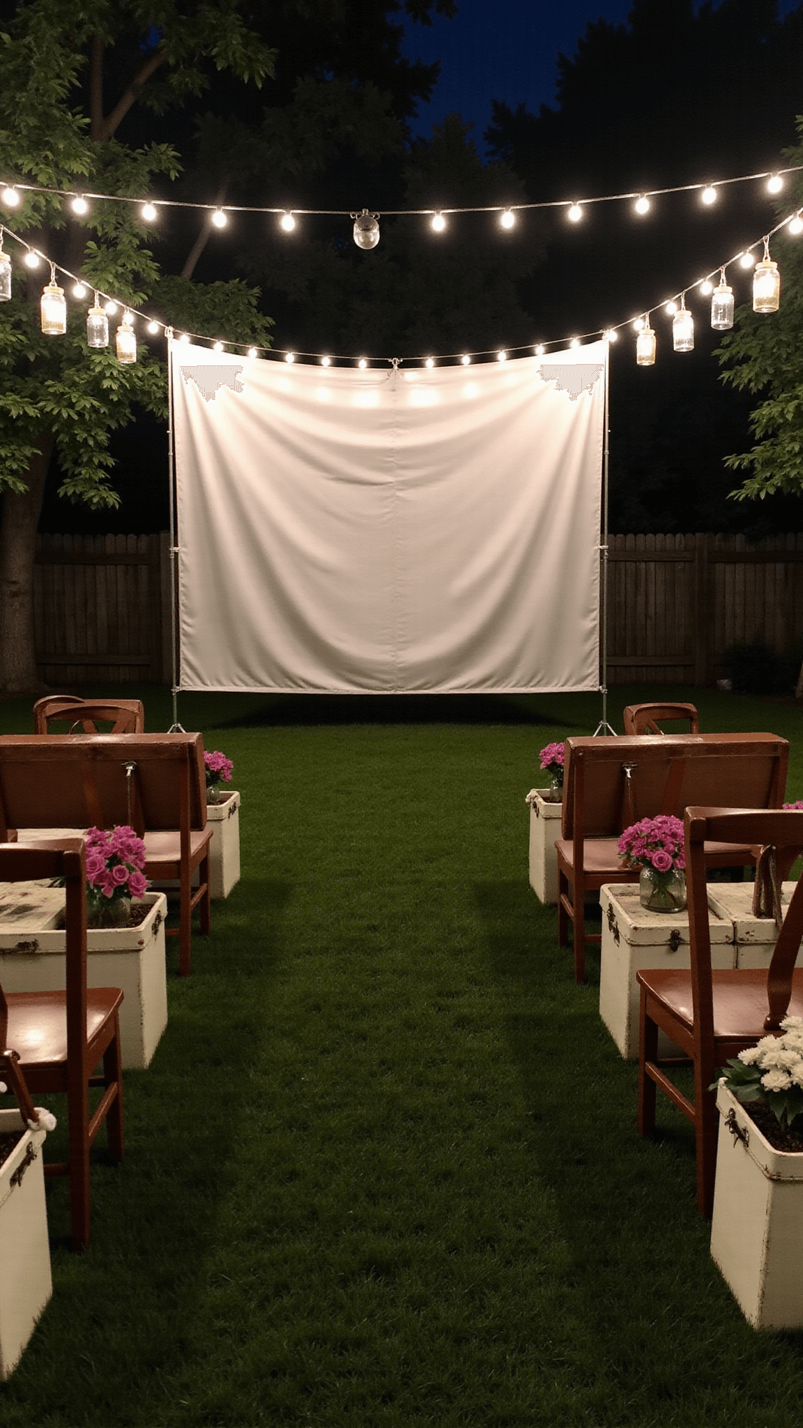 Early evening garden theater featuring a white cinema screen, mason jar lanterns, vintage suitcase flower planters and a starlight effect from overhead string lights, taken with long exposure to capture light trails.