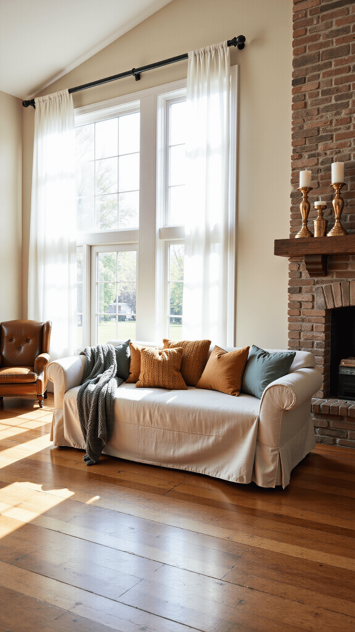 Golden sunlight pouring through tall windows with sheer curtains, illuminating a cozy farmhouse living room featuring an oversized cream linen sectional, distressed leather armchair, vintage brass candlesticks on a rustic mantel, all atop wide-plank reclaimed oak floors.