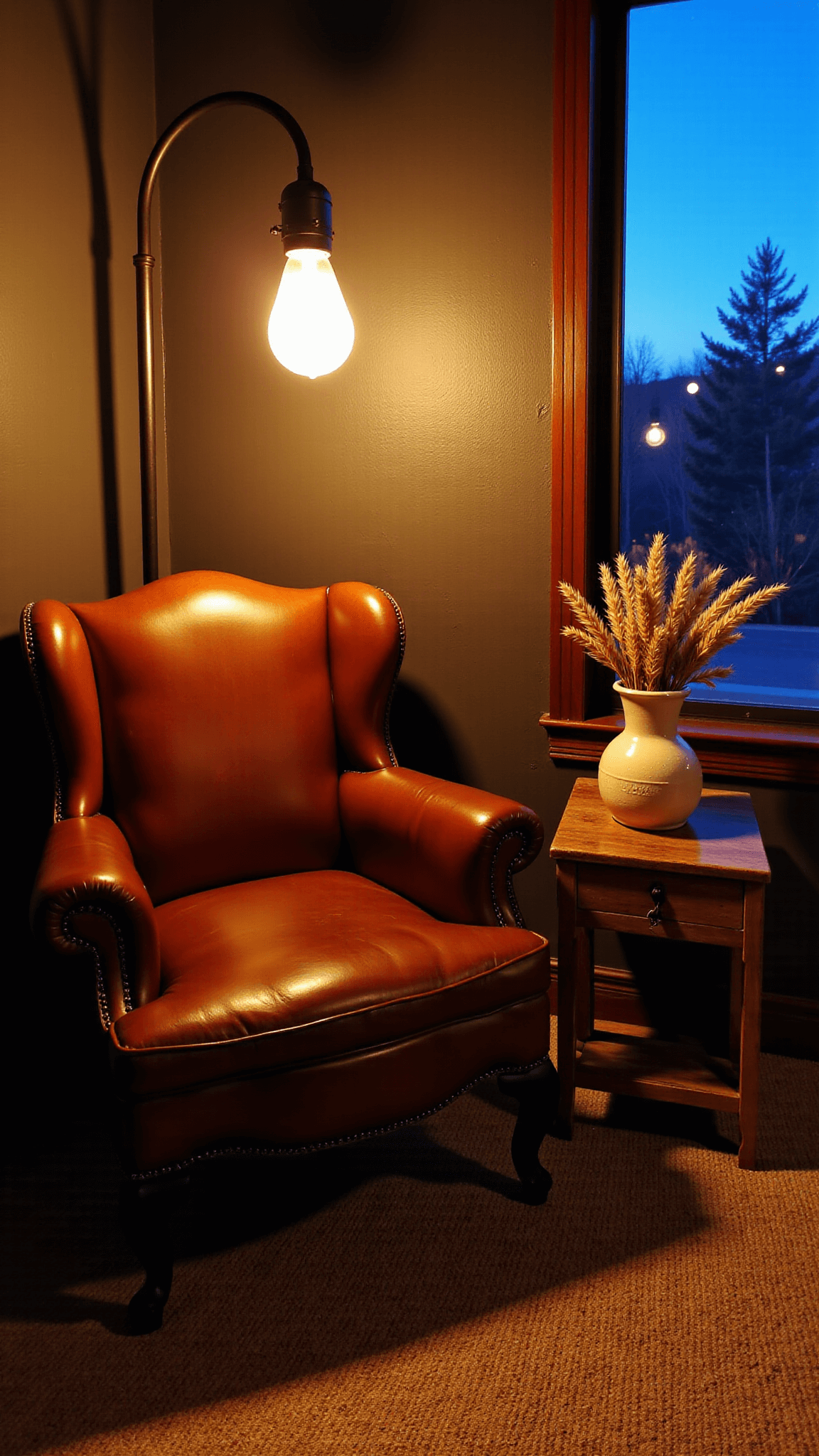 Vintage wingback chair and wooden table under iron floor lamp in rustic reading nook at twilight