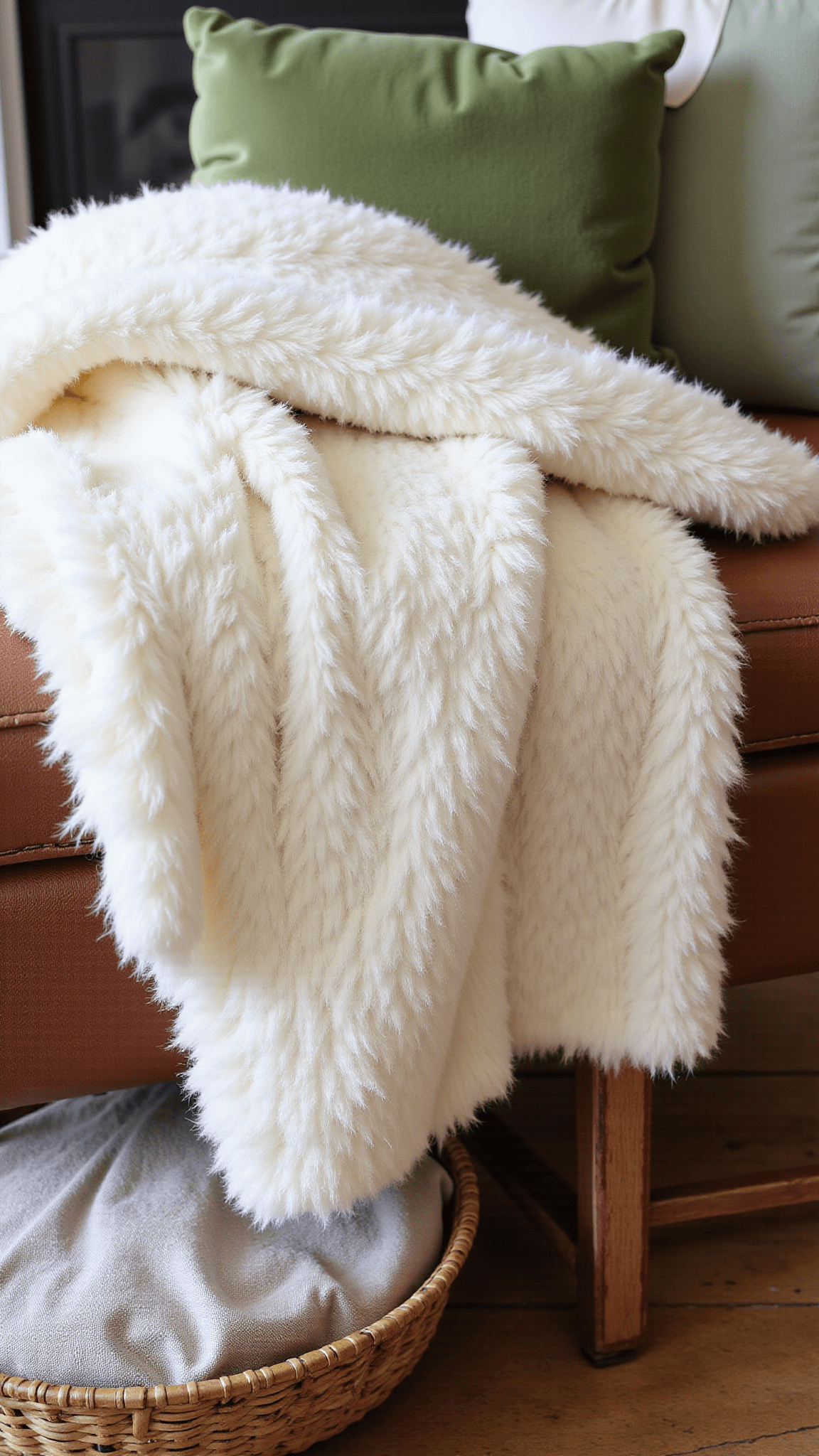 Chunky ivory wool throw on distressed leather ottoman with sage green velvet pillows and linen cushions, woven basket with blankets and soft focus farmhouse architectural elements in the background