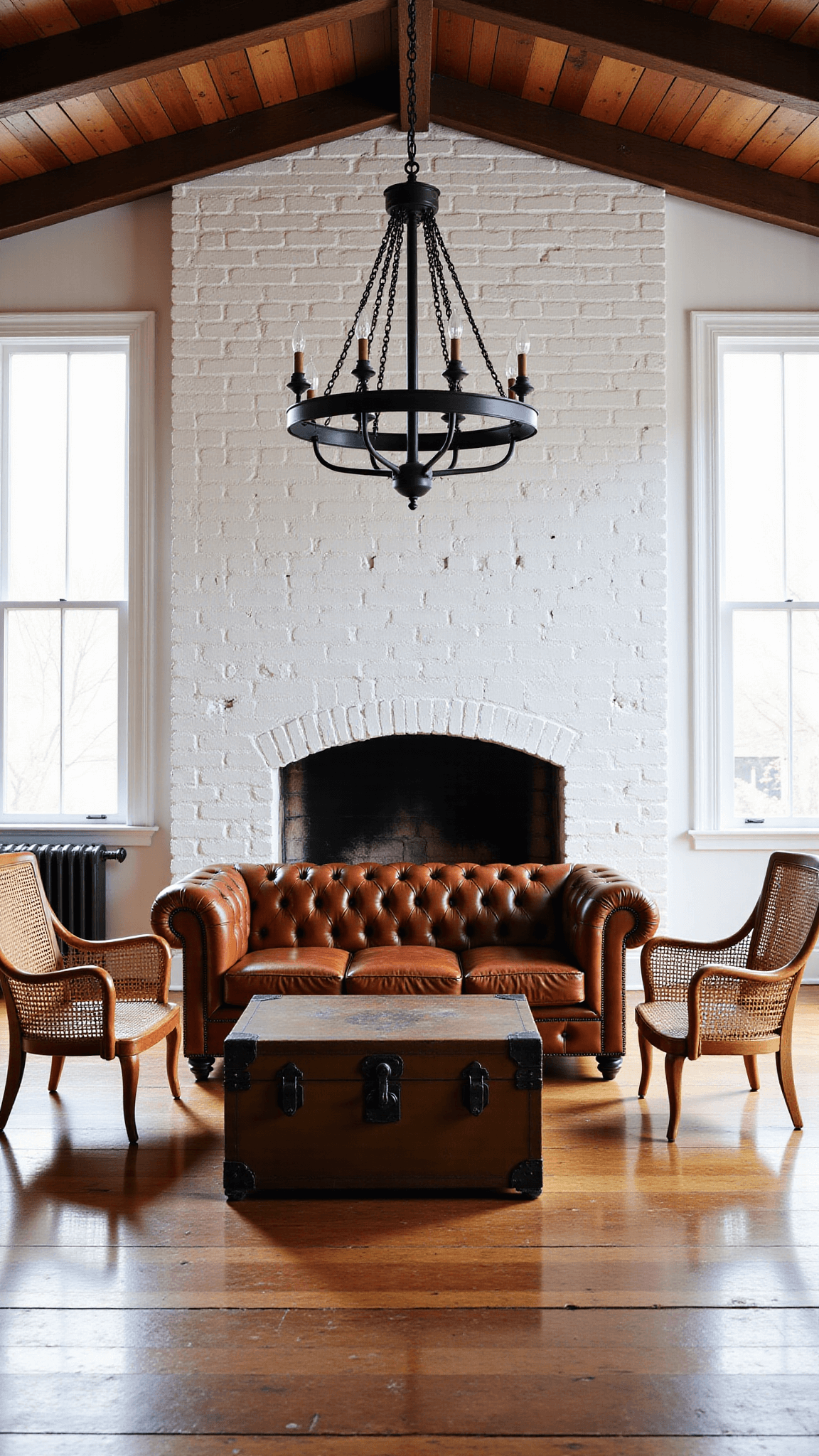 Late afternoon living room with 12ft beamed ceilings, whitewashed brick fireplace wall, black chandelier over cognac leather Chesterfield sofa, rattan armchairs, and vintage trunk coffee table, with dramatic shadows from window light.