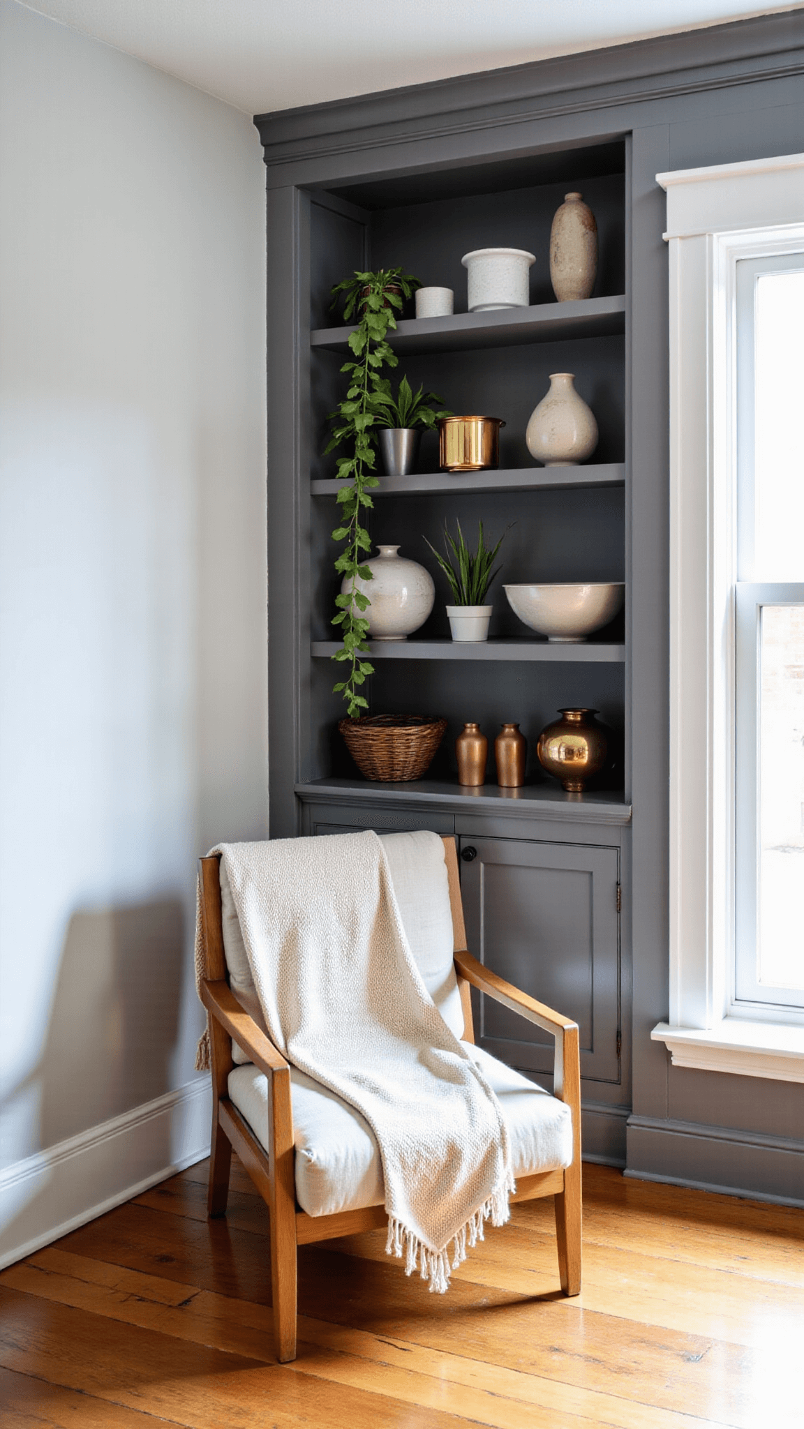 Great room with ceiling-height gray wood shelving styled with vintage ceramics, brass objects, and plants; reading chair with throw in foreground, shot in atmospheric morning light.