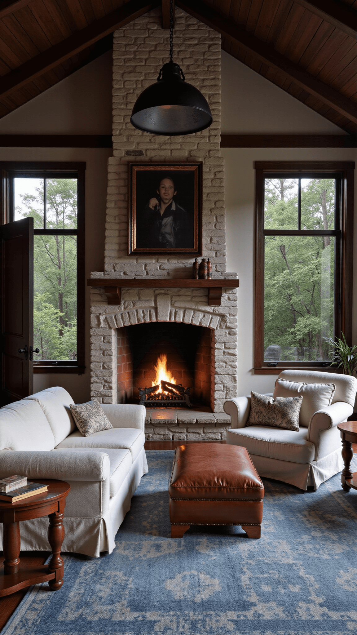 Twilight scene of a rustic farmhouse living room with a stone fireplace, industrial pendant lights, linen sofas, a leather ottoman, wooden side tables, and a vintage rug.