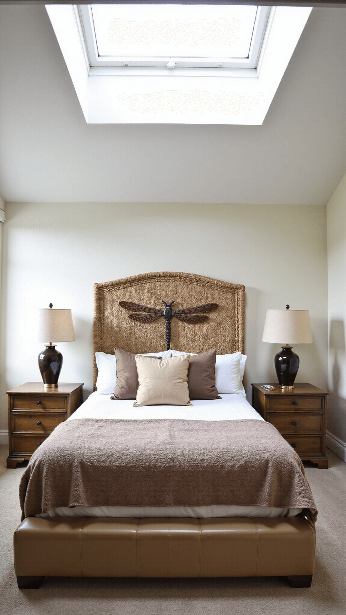 Spacious 16x18ft bedroom featuring a vaulted ceiling with skylight, king-sized platform bed with textured earth-toned linens and a macramé headboard, alongside vintage brass side tables with ceramic lamps, illuminated by soft mid-morning light.