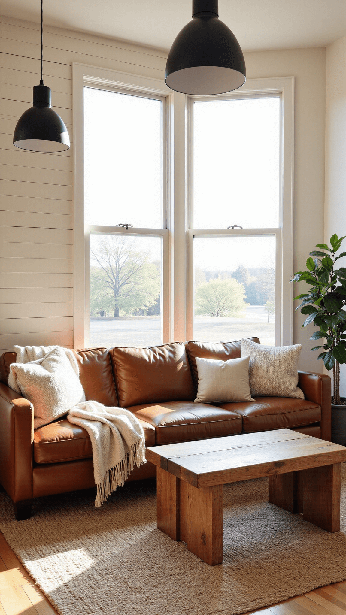 Golden hour illuminating modern farmhouse living room with cognac leather sectional, reclaimed oak table, vintage Persian and jute rugs, cream shiplap walls, black pendant lights, and plush cream throws and pillows.