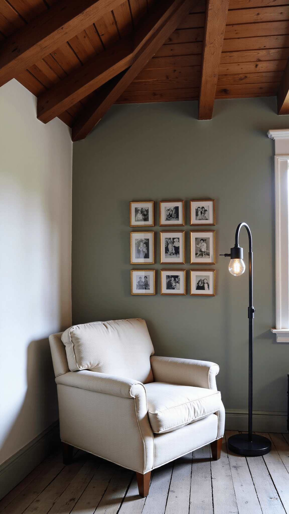 Cozy living room with vaulted wooden beam ceilings, large oatmeal linen armchair next to a black floor lamp, vintage gray hardwood floors, sage green accent wall with gallery of family photos in brass frames