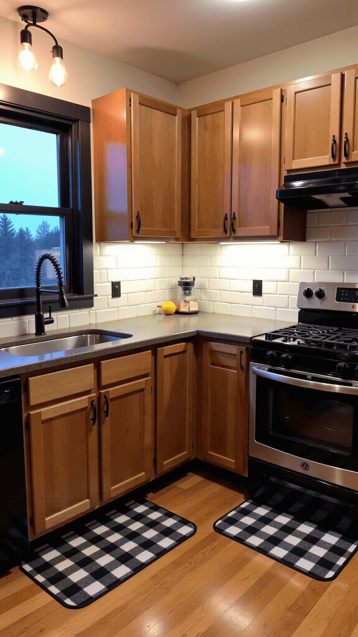 Twilight view of an industrial-farmhouse kitchen with Edison bulb sconces for ambient light, featuring L-shaped cooking zone with charcoal anti-fatigue mats, contrasted by black hardware and aged wood accents against subway tile backdrop.