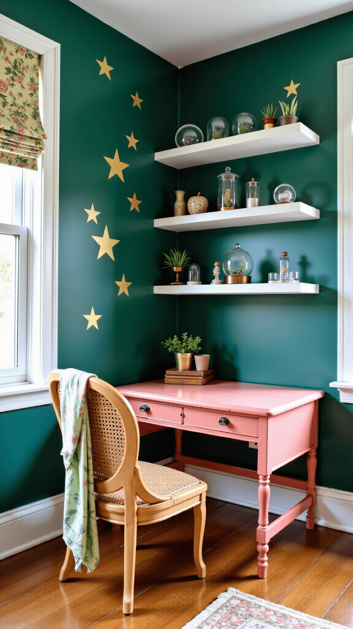 Elevated view of an 8x10ft compact home office showcasing a emerald green accent wall with golden stars, a coral pink vintage desk with brass and crystal decorations, floating shelves with miniature terrariums and art pieces, and a rattan peacock chair draped with a patterned silk scarf, under an afternoon light filtered by a botanical printed shade.