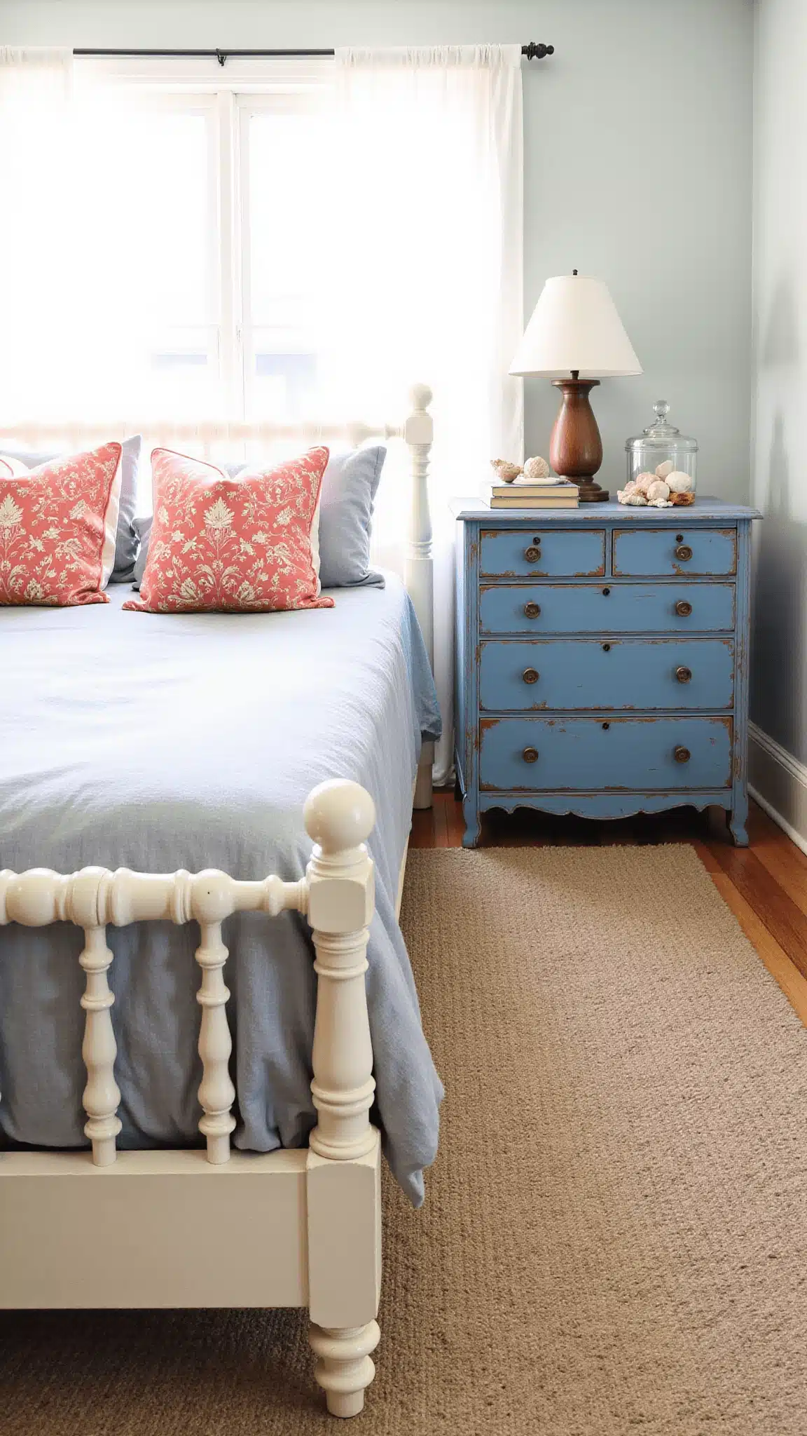 Bright 12x14ft guest bedroom with white curtains, vintage spindle bed with coral-patterned pillows, distressed blue console with maritime artifacts, and a braided wool rug, bathed in morning sunlight.