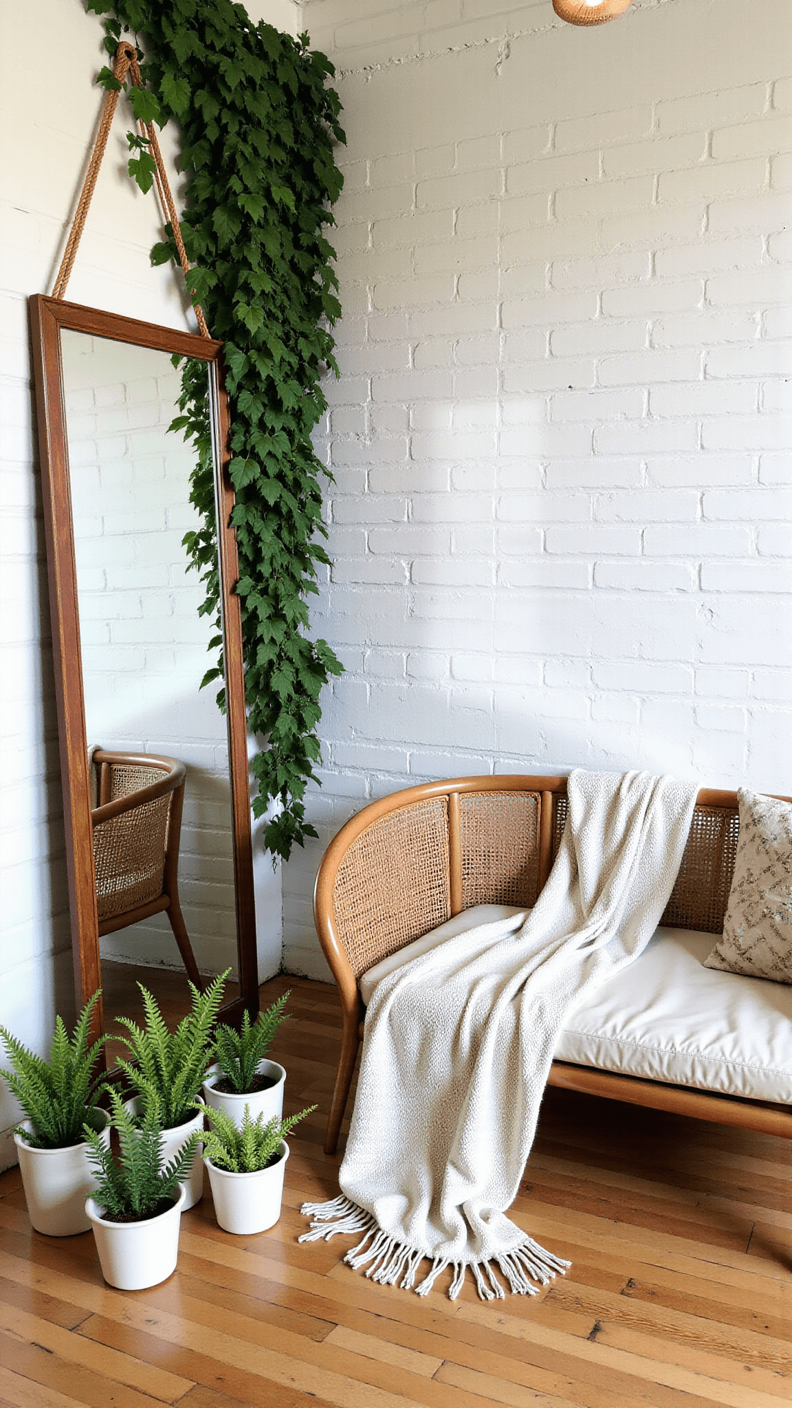 Midday shot of an eclectic bedroom with whitewashed brick wall covered with ivy, suspended macramé chair, mirror reflecting greenery, Moroccan wedding blanket on a rattan daybed, ceramic planters with plants, and natural fiber pendant light.