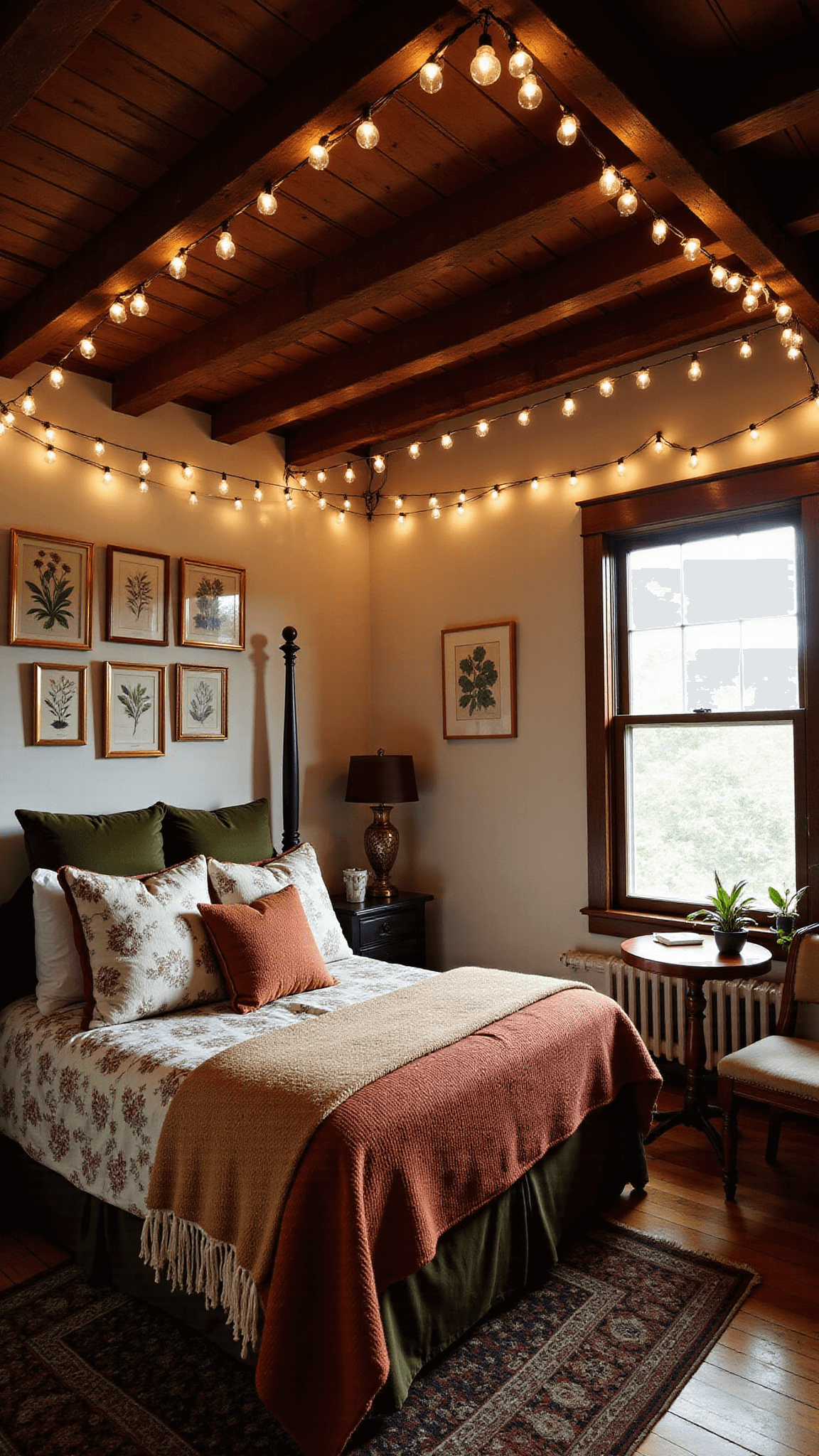 Twilight-lit 13x15ft bedroom with string lights casting a starlight glow on a four-poster bed adorned with block print quilts, embroidered pillows, and fringed throws in rust and olive hues. Wall features a gallery-style collection of vintage botanical prints and brass accents catching the ambient evening light. Shot from a corner to highlight layers and depth, creating a magical, garden-like atmosphere.