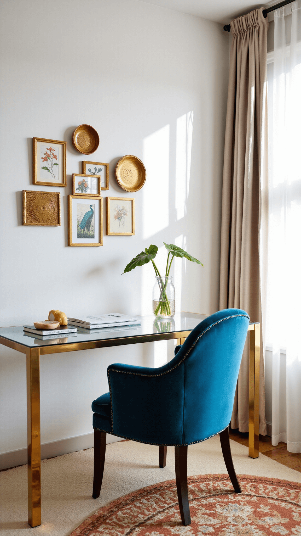 'Bright, inspiring 12x14ft bedroom workspace with brass glass desk, vintage velvet chair in peacock blue, gallery wall with gold frames and woven plates, oversized monstera plant, and vintage Moroccan rug under soft natural light.'