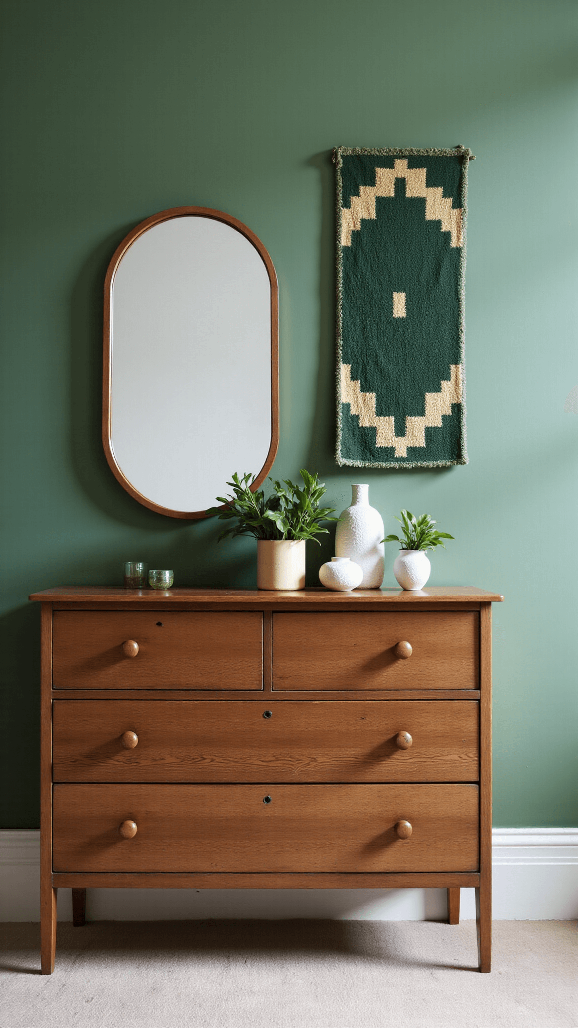 Minimalist boho bedroom dresser with brass mirror, ceramic vessels, and pothos plants against a sage green wall, complemented by vintage textile art in emerald and cream
