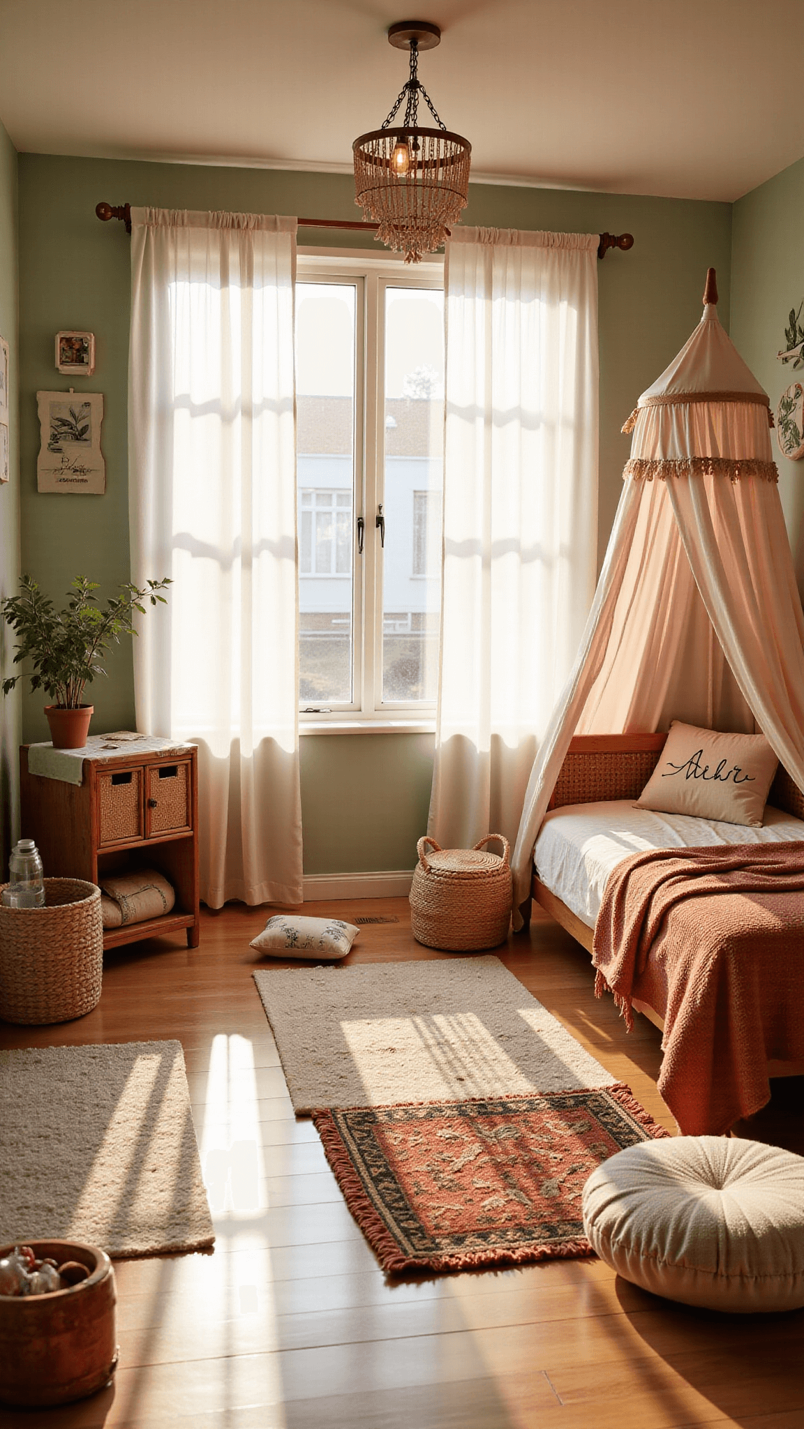 A sunlit toddler's bedroom at golden hour with a canopy bed, rattan furniture, sage green botanical print wall, layered rugs, and whimsical fairy lights.