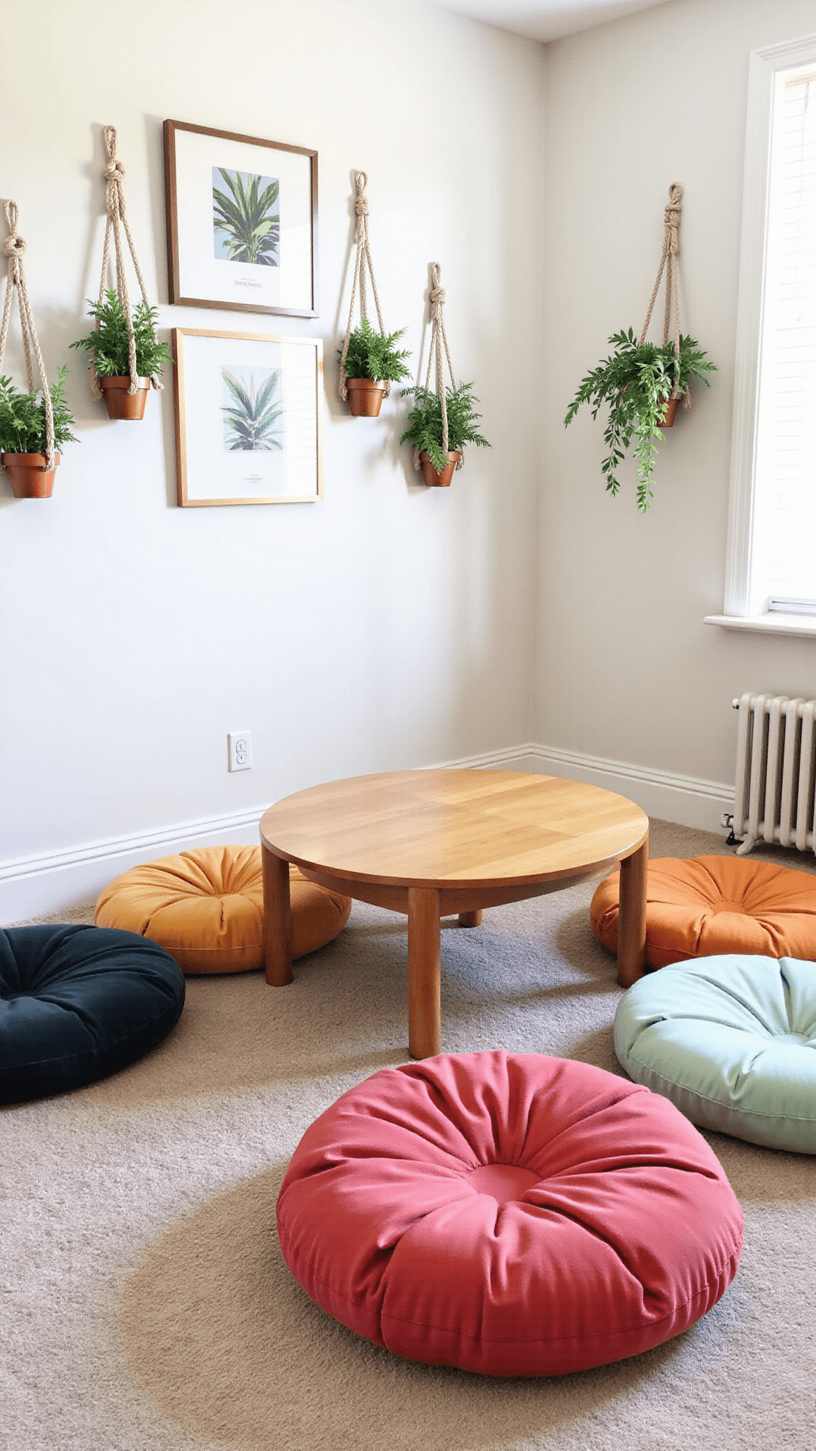 Mid-morning view of a boho-themed 14x16ft kids' playspace with a central low table, rainbow-hued velvet floor cushions, macramé plant hangers, botanical prints on the walls, and safe furniture with secured storage.