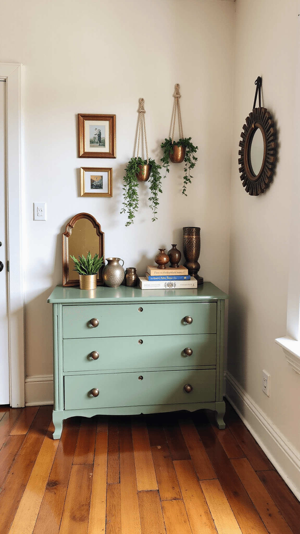 Cozy bedroom corner with hardwood floors, sage green dresser adorned with vintage items under warm golden hour light.