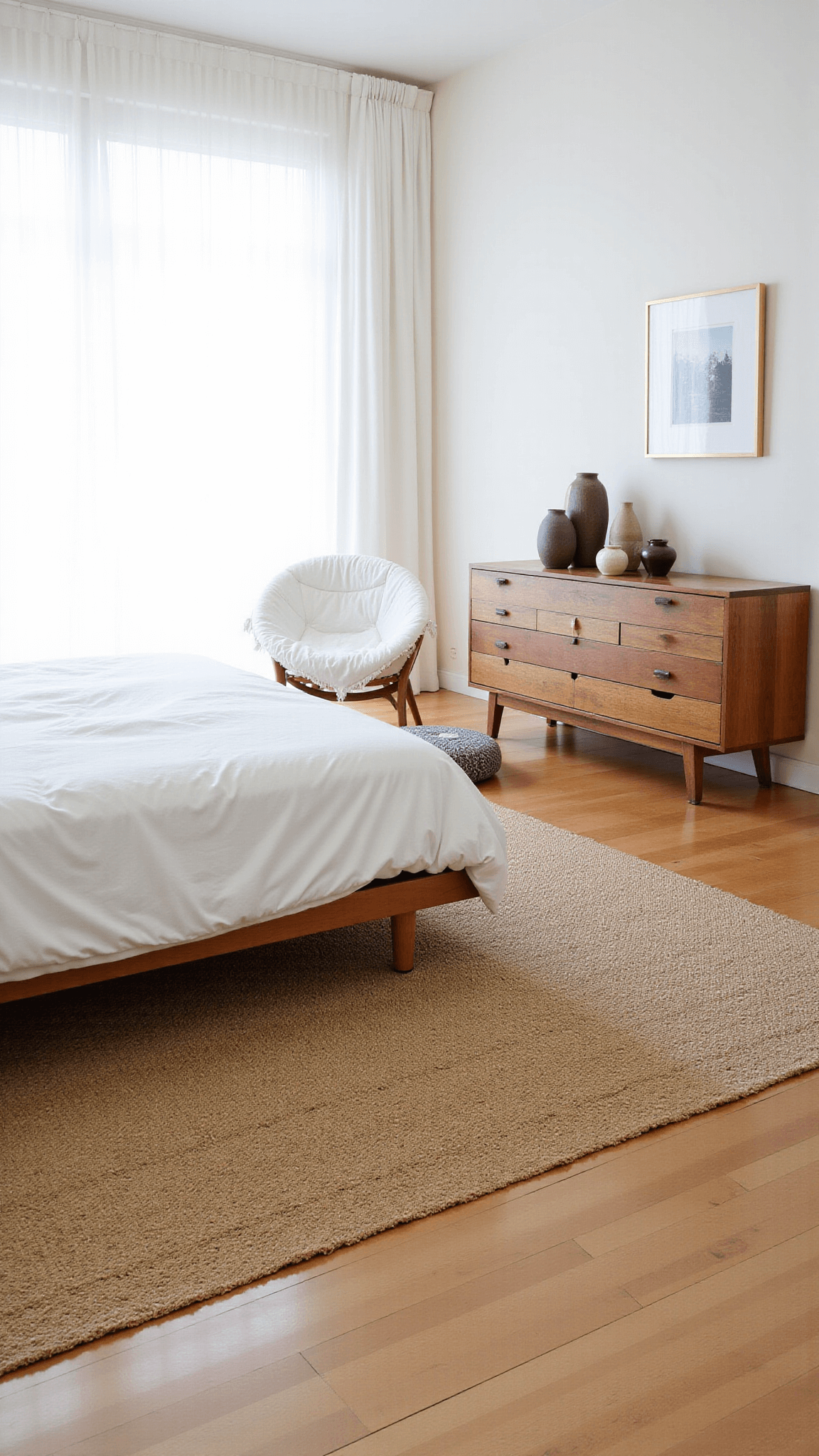Spacious 15x15ft bedroom with floating platform bed over geometric flatweave and natural sisal carpet, a designated meditation corner with floor cushions and low table, a reclaimed wood console with sculptural ceramic vessels, and sheer curtains diffusing bright midday light; Image shot from an high angle for spatial flow representation.