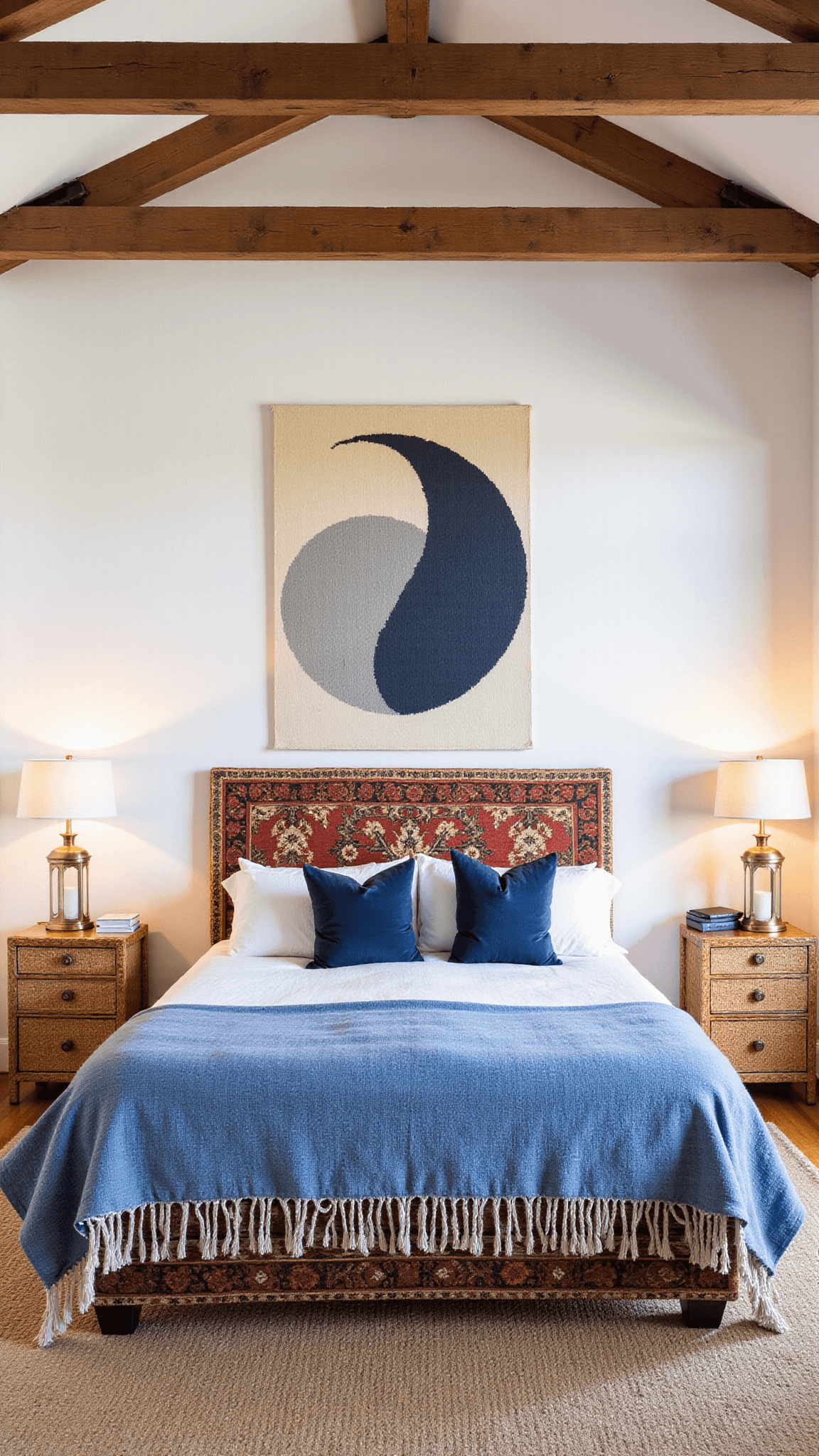 Sunset shot of a 16x14 bedroom with exposed beams, a navy and cream dream catcher, kilim headboard, rattan side tables with brass lanterns and ocean blue and sandy beige textiles.
