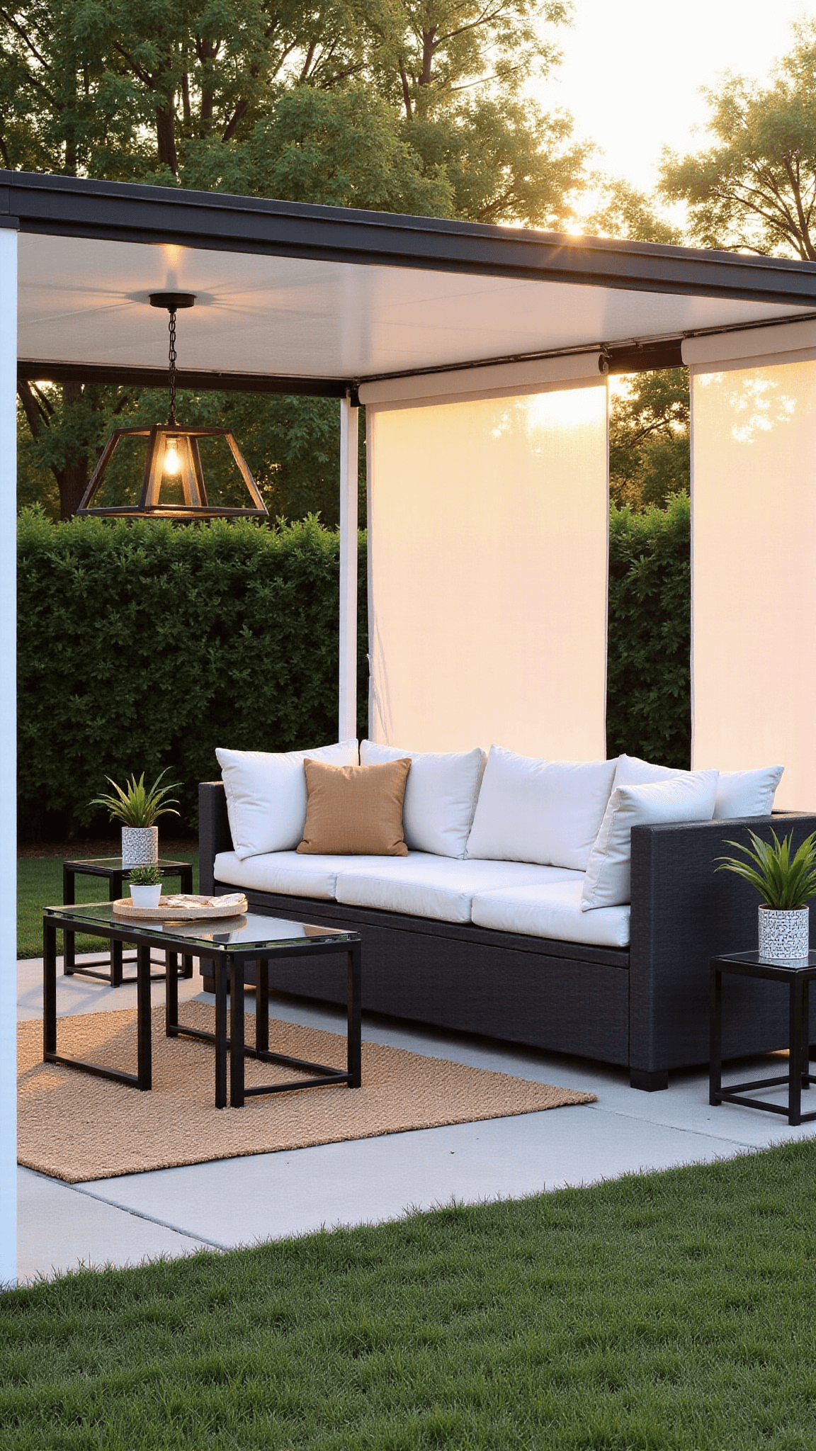 Modern 10x12 white gazebo with black metal accents, surrounded by greenery, featuring a gray outdoor sectional with white cushions, a jute rug, a LED pendant light, glass-top side tables with geometric planters, white curtains and bamboo shades, during sunset.