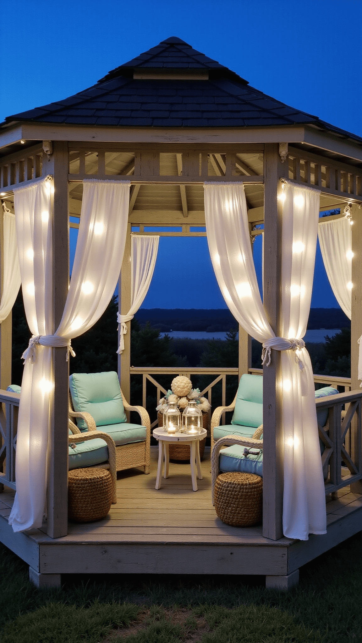 Coastal-style gazebo at dusk with white string lights, rattan furniture with seafoam blue cushions, vintage lanterns, shell wind chimes and natural fiber details