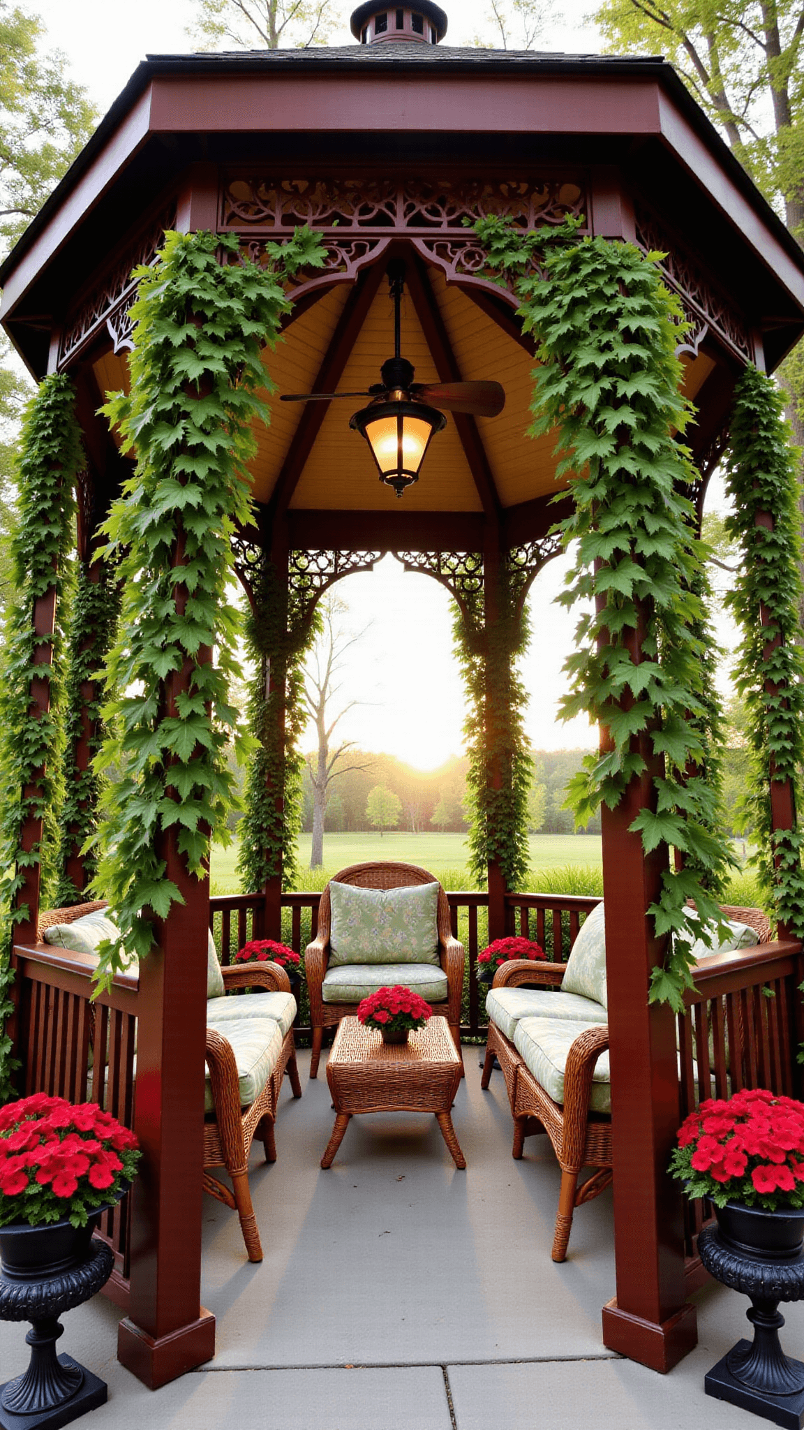 Traditional mahogany gazebo with green climbing vines, wicker furniture with floral cushions, brass lanterns, vintage ceiling fan, oriental garden stools and iron planters filled with geraniums at sunrise