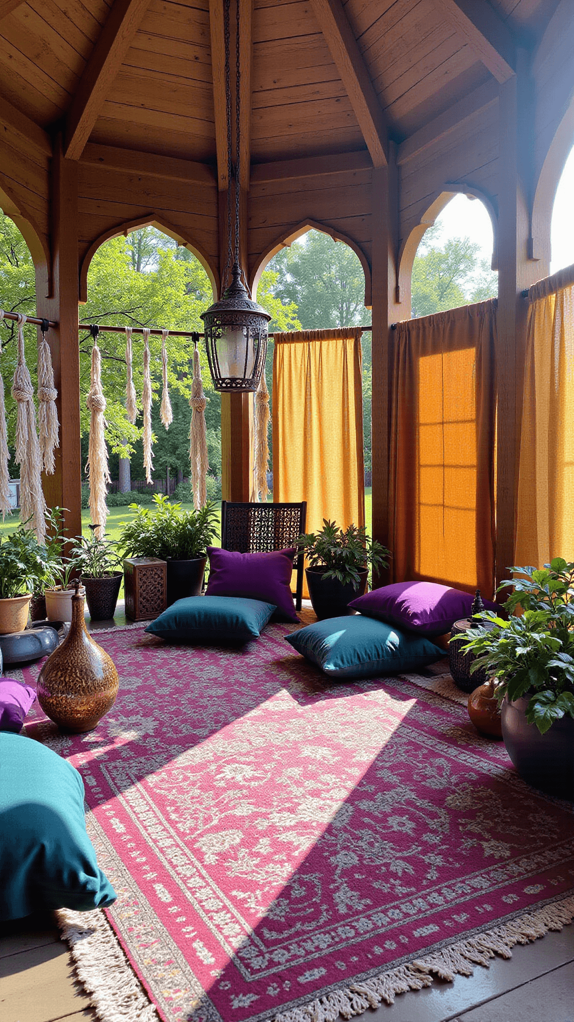 Bohemian garden gazebo with medieval-inspired arches, Moroccan rugs, floor cushions in purples and teals, macramé plant hangers, metal lanterns, vintage peacock chair, draped sari fabric panels in amber and magenta with incense smoke at late afternoon.