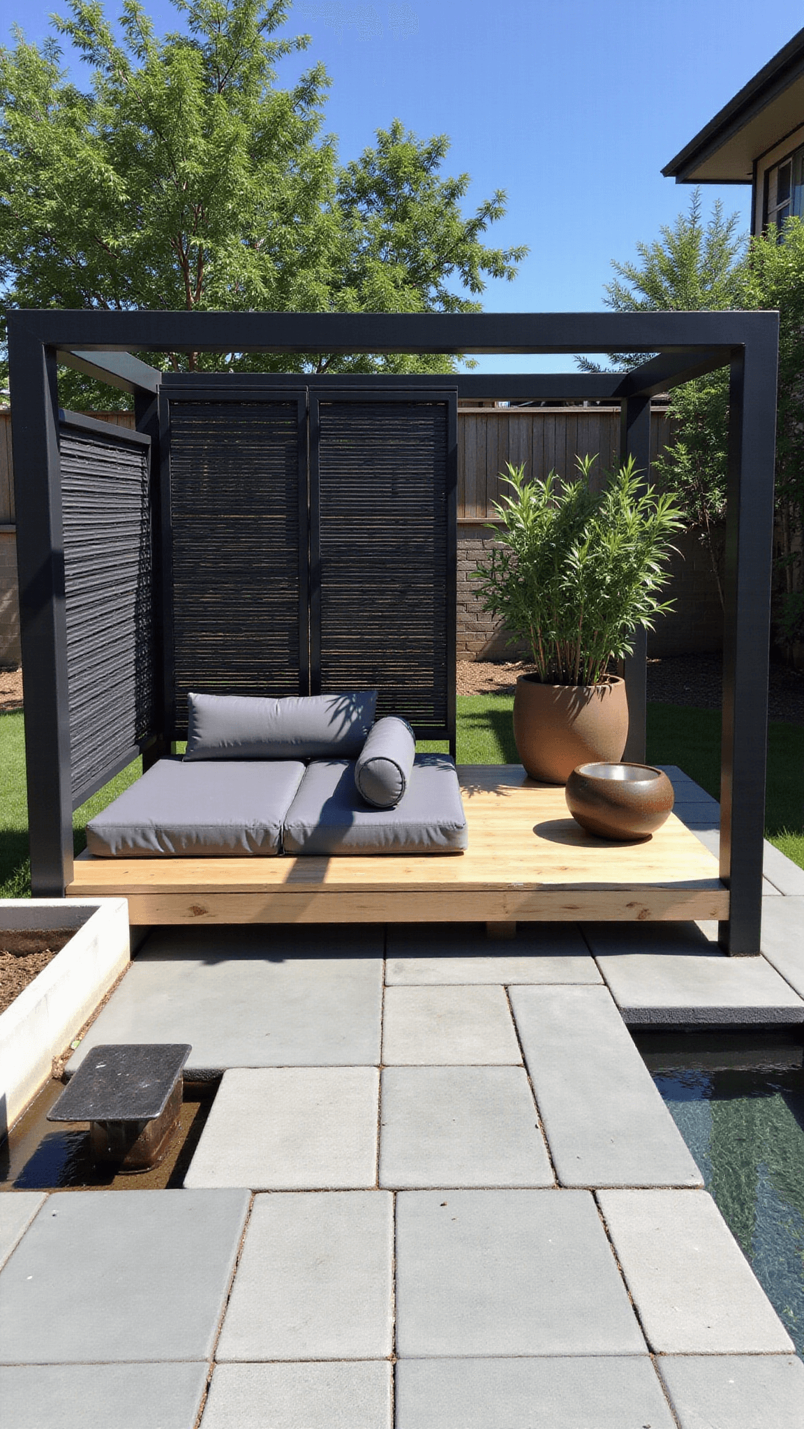 Contemporary zen gazebo with matte black frame, light oak seating, slate tiles, minimalist water feature, and potted bamboo at midday