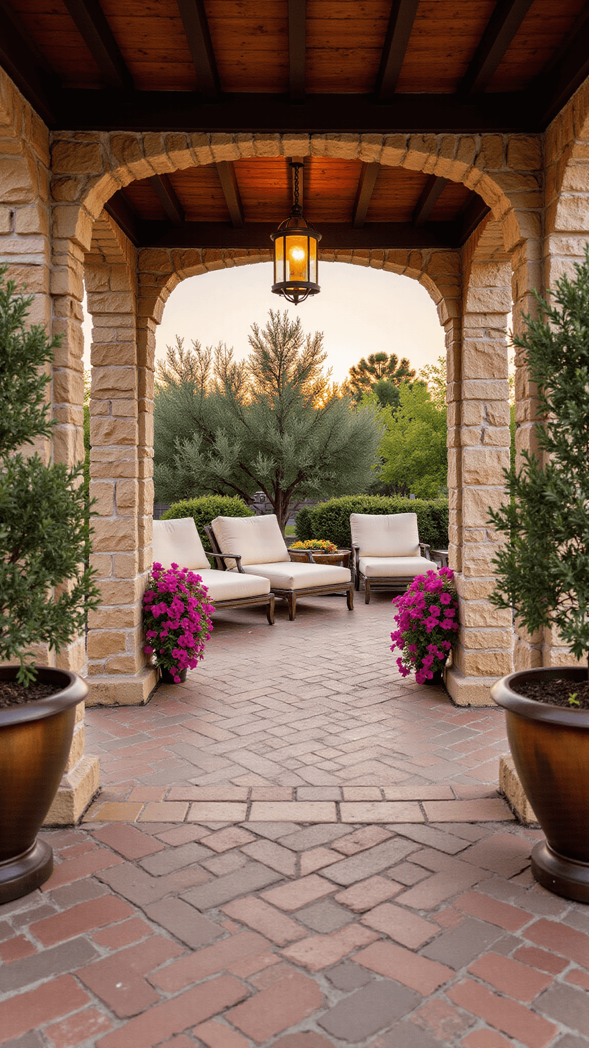 Mediterranean gazebo at sunset featuring rustic stone columns, weathered wood beams, terracotta tiles, cream canvas loungers, copper lanterns, and olive trees in urns, with vibrant pink bougainvillea adding a colorful accent.