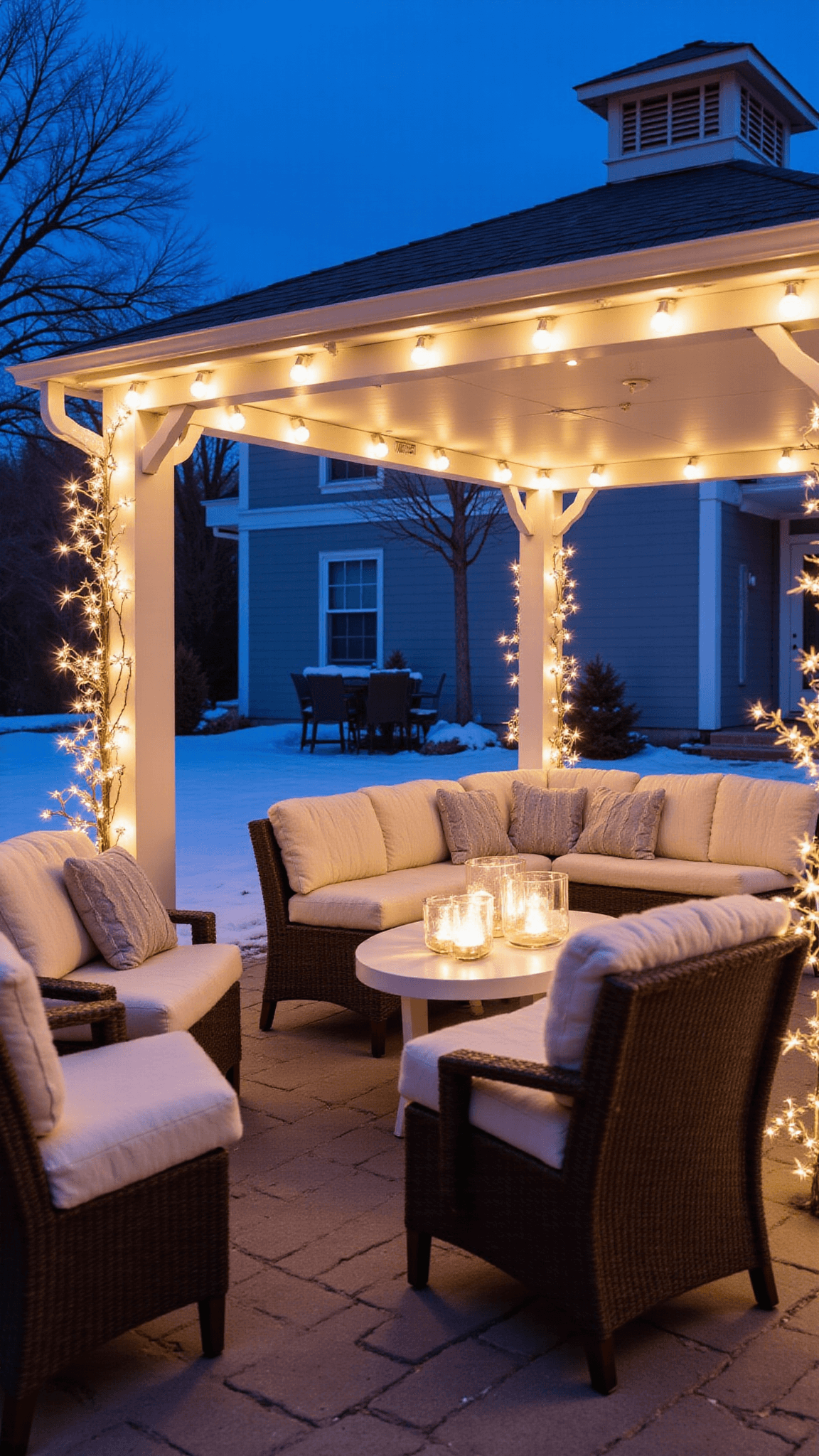 Illuminated gazebo in winter wonderland with warm cafe lights, faux fur throws on furniture, sparkling mercury glass lanterns, white branch arrangements, cable knit pillows, and cool exterior lighting under light snowfall.