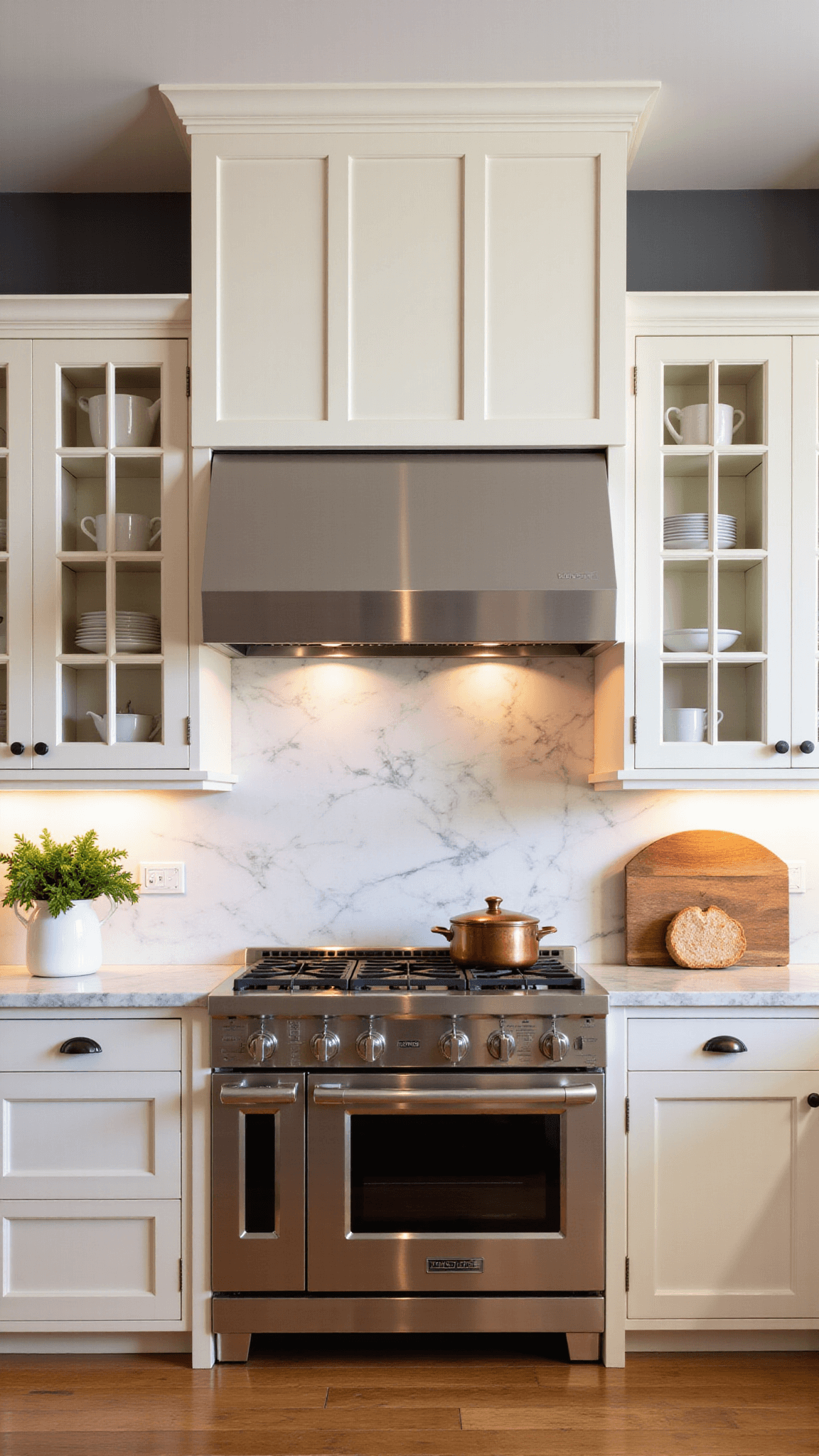 Twilight view of a farmhouse kitchen with stainless steel range under a white oak hood vent, surrounded by white cabinets displaying china, with a marble backsplash, hanging copper pots, and under-cabinet lighting.