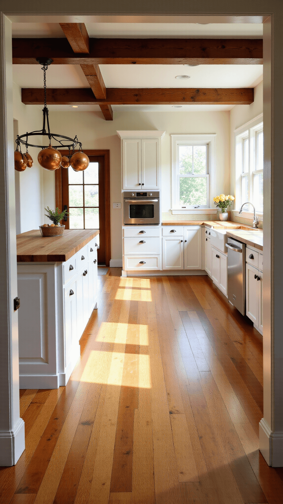 Spacious farmhouse kitchen with warm morning light illuminating white shaker cabinets, a large butcher block island, oak flooring, and vintage copper pots hanging from exposed wooden beams.