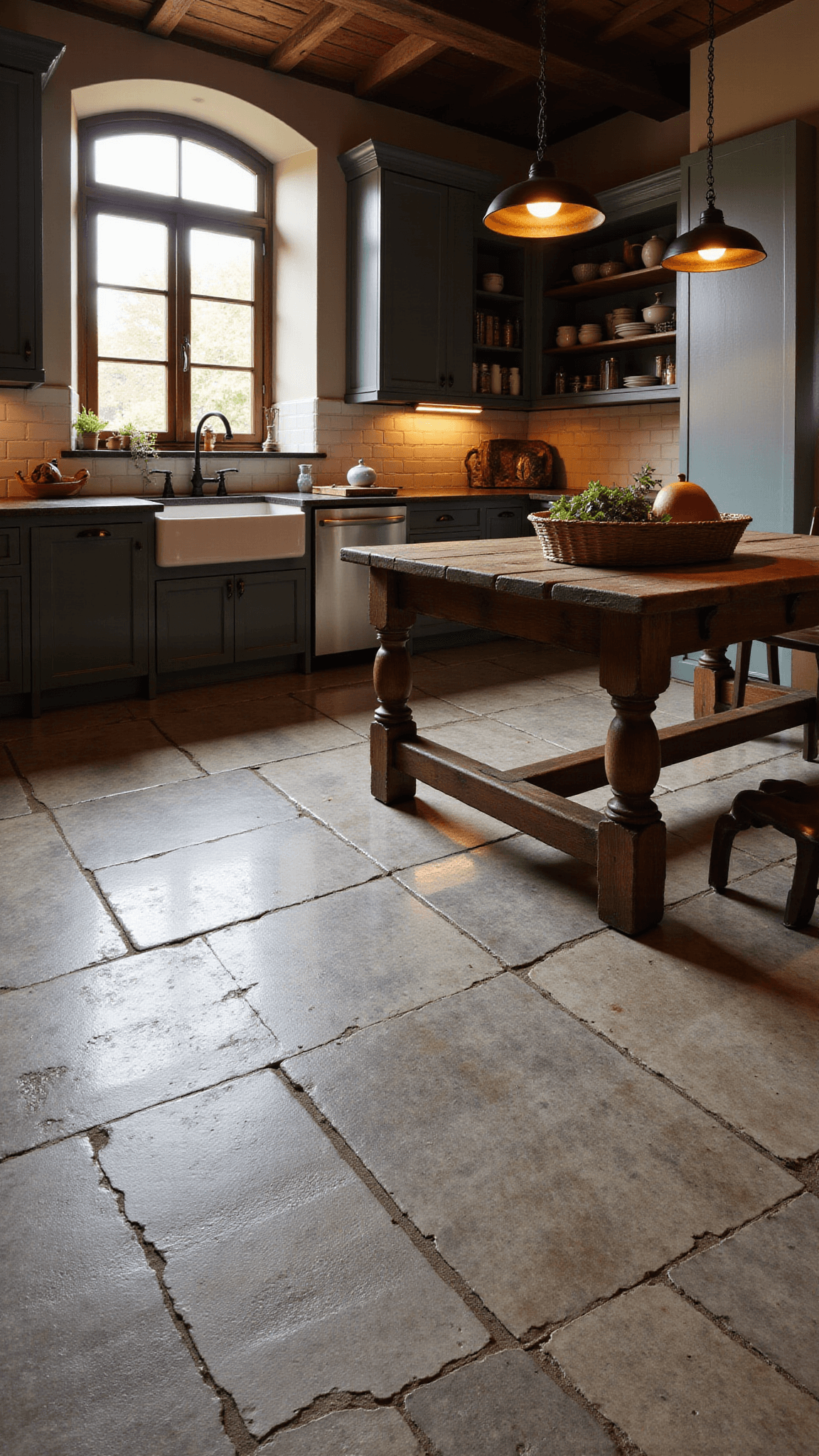 Moody, cozy farmhouse kitchen at golden hour with dramatic limestone flooring, an arched window casting shadows over the sink, wrought iron pendant lights over rustic harvest table and open shelving filled with earthenware collections