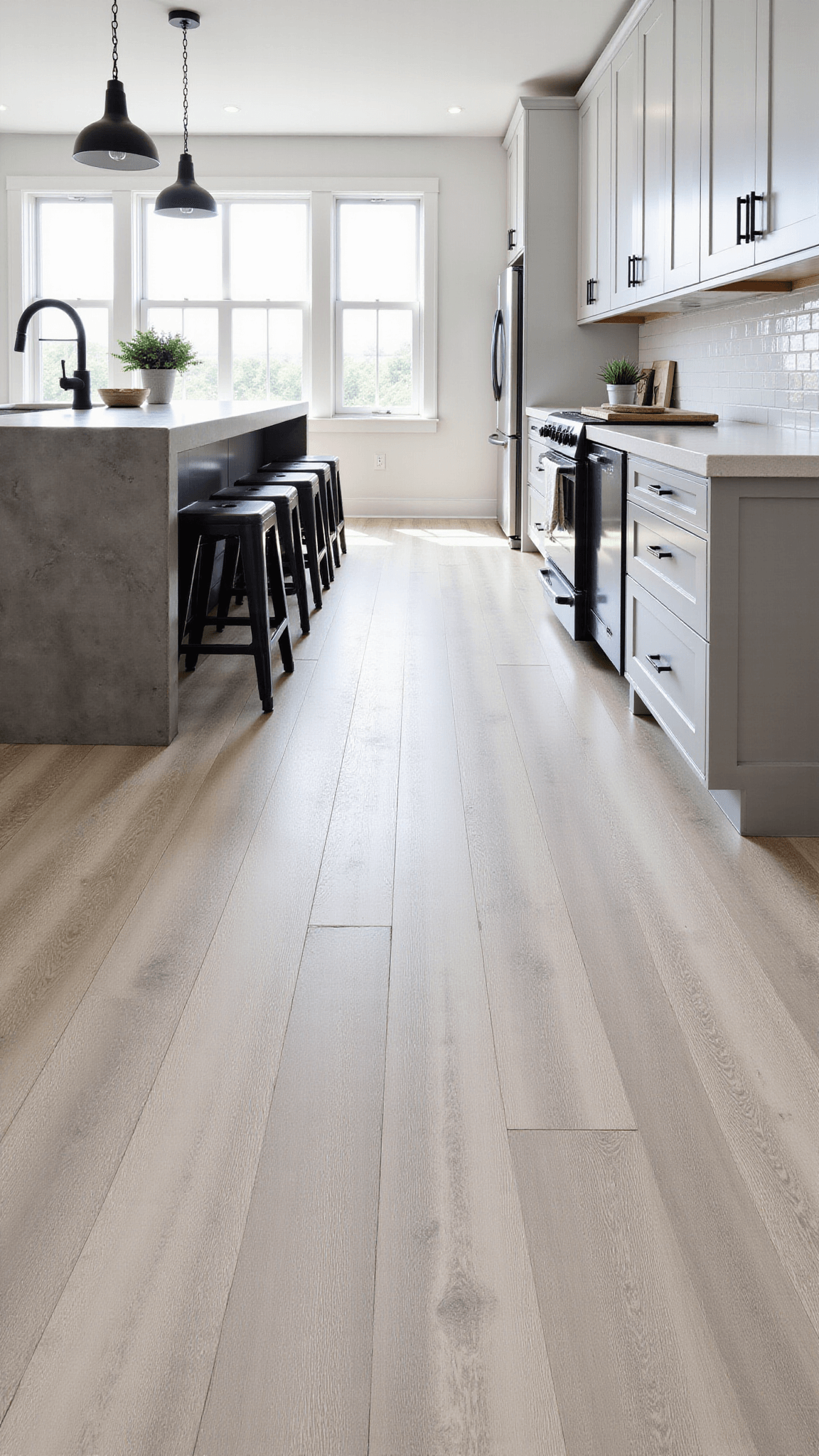 Modern farmhouse kitchen with distressed barnwood-style vinyl plank flooring, double-height windows, white cabinetry with black hardware, and bar stools around a concrete waterfall island.