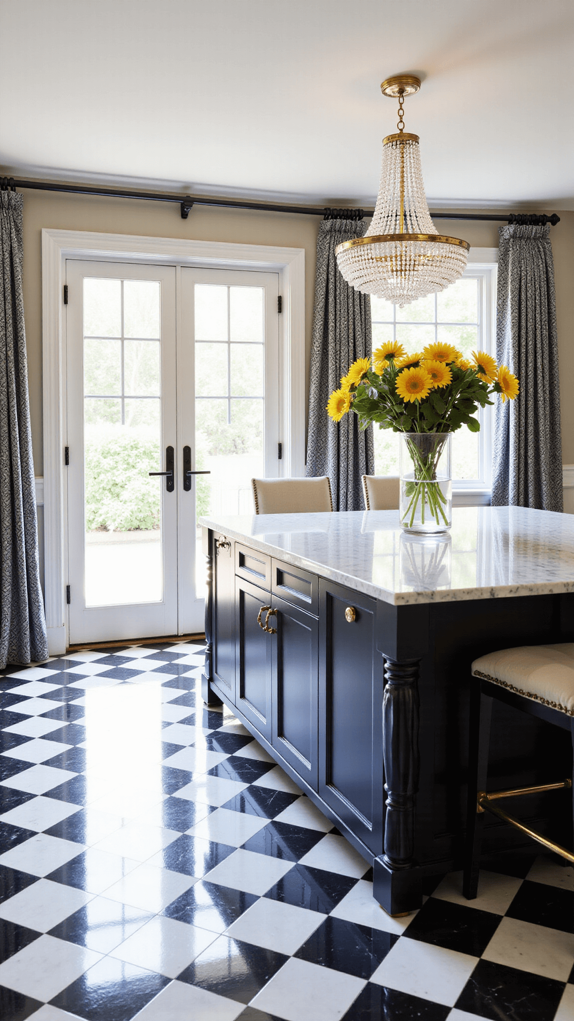 Black and white checkerboard marble tiles in a spacious kitchen, with afternoon light filtering through cafe curtains, highlighting a central island under a sparking crystal chandelier, and French doors leading to garden.