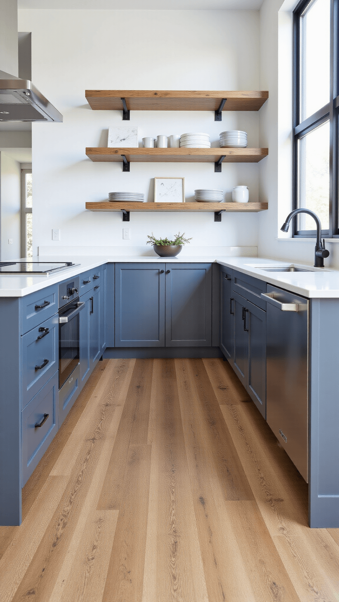 Contemporary farmhouse kitchen with blue-gray cabinets, minimalist open shelves showcasing modern ceramics, black metal window frames and luxury vinyl tiles imitating aged oak.
