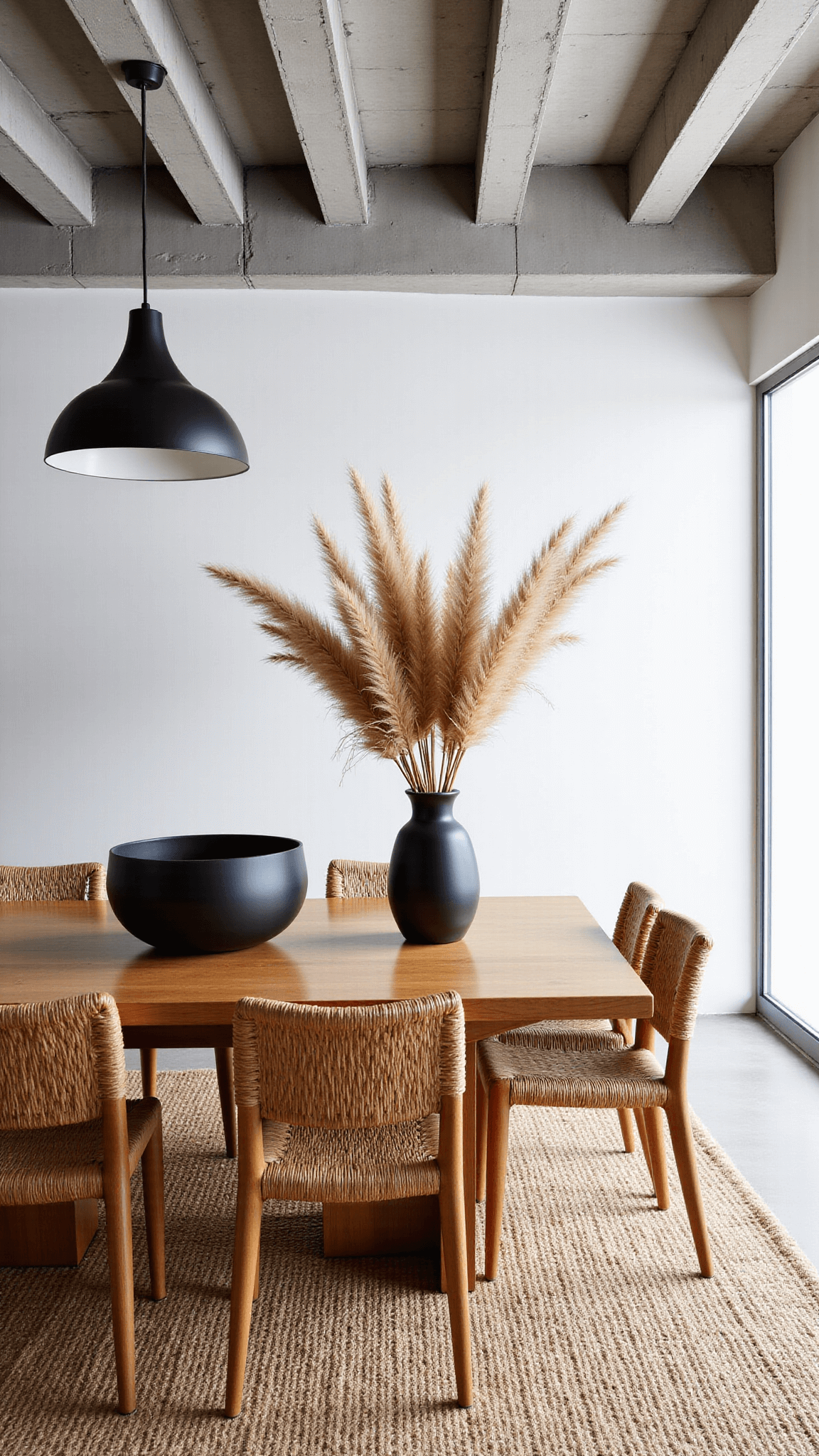 Sophisticated yet welcoming organic dining sanctuary with architectural concrete ceiling beams, a handcrafted oak table for six, woven rush dining chairs, an oversized ceramic vase with dried pampas grass, a hovering matte black pendant light, and a textural sisal rug, all under a concrete grey, honey oak, and wheat beige color palette.
