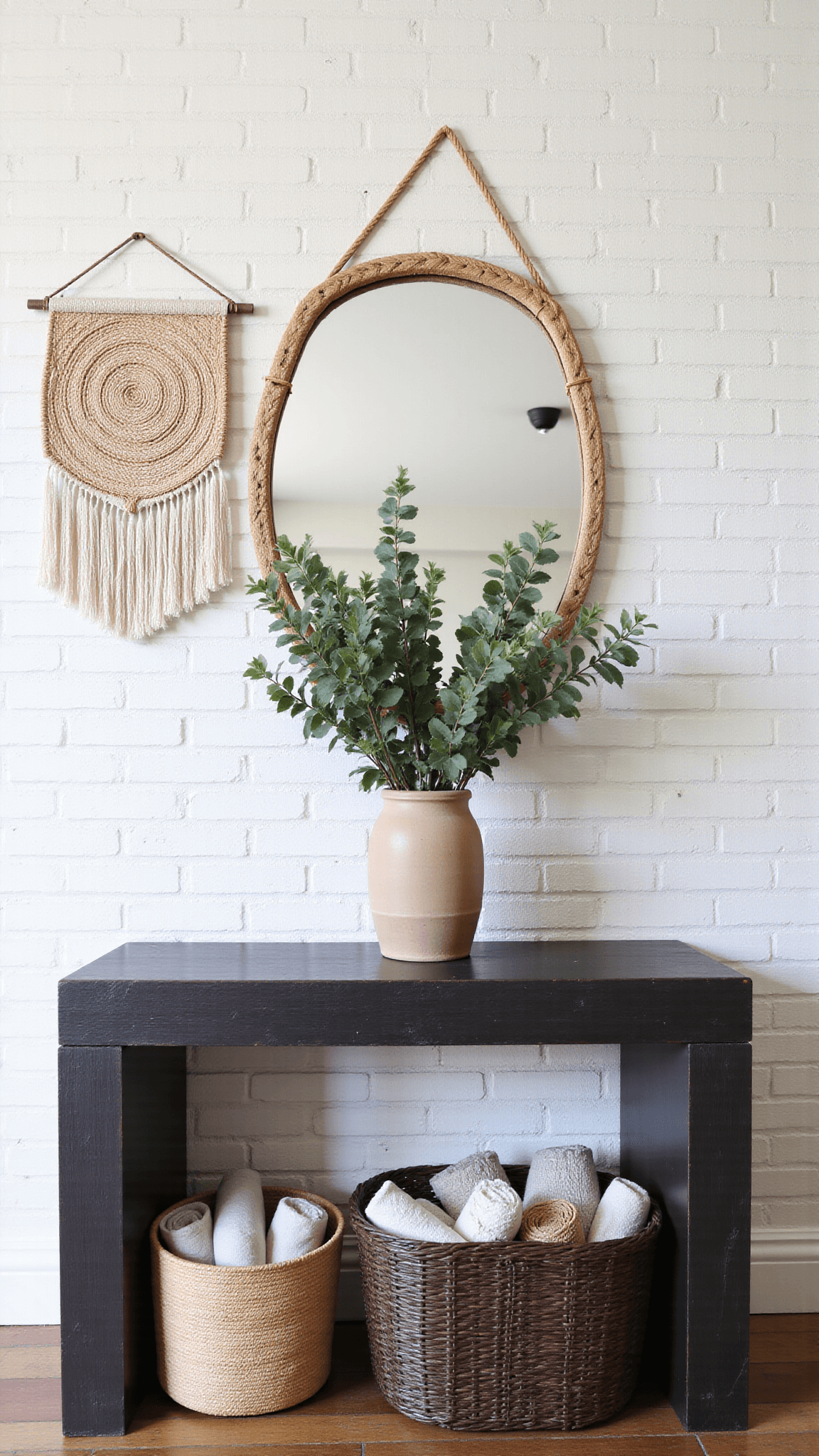 Textured entryway with whitewashed brick wall, blackened oak floating console, ceramic vessel with dried eucalyptus, woven wall hanging, round rattan mirror reflecting natural light, and a woven basket with rolled blankets in a color palette of white, charcoal, and eucalyptus green under soft indirect lighting.