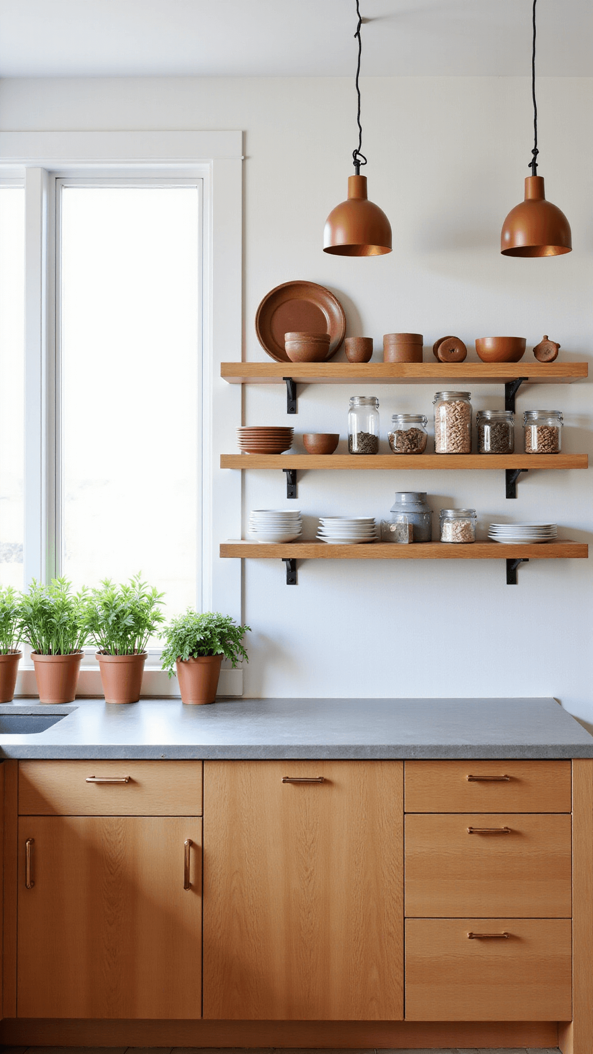 Spacious 16x20ft organic kitchen featuring concrete countertops, warm white oak cabinetry, handmade ceramics on open shelving, and copper pendant lights, with a window sill lined with fresh herbs in terracotta pots, shot from a wide angle in natural window light, showcasing a color palette of concrete grey, warm oak, and copper accents.