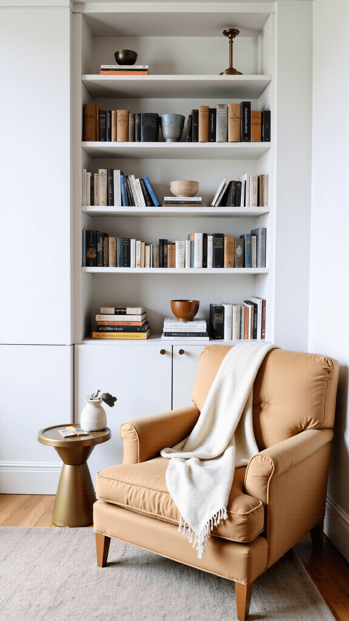 Cozy reading nook with an oversized armchair, ceramic side table, minimal brass lamp, and floor-to-ceiling bookshelf bathed in late morning light.