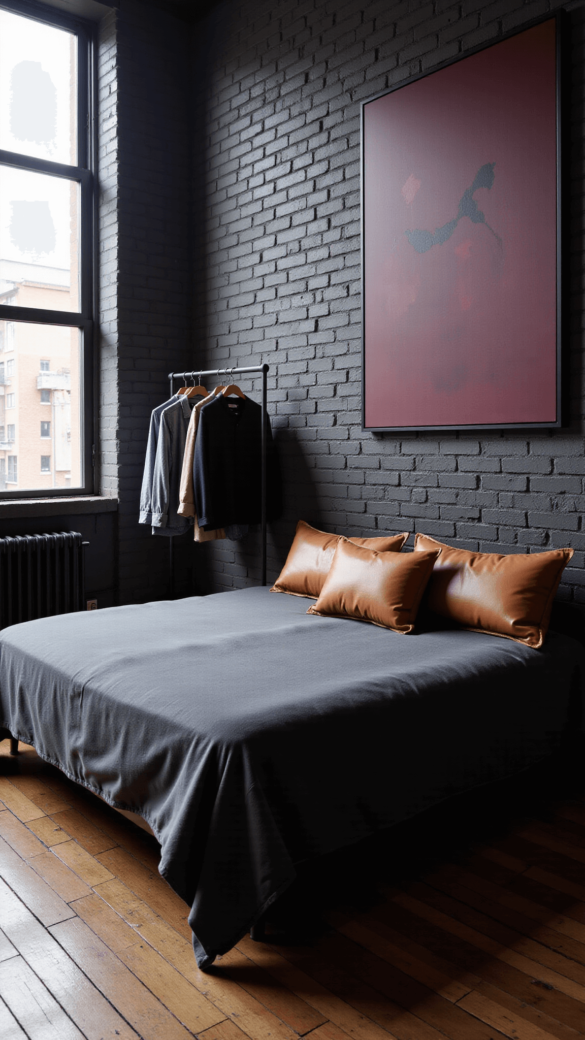 Modern loft bedroom with charcoal painted brick wall, California king bed with graphite Belgian linen and leather pillows, burgundy abstract canvas, and blackened steel clothing rack in afternoon light.