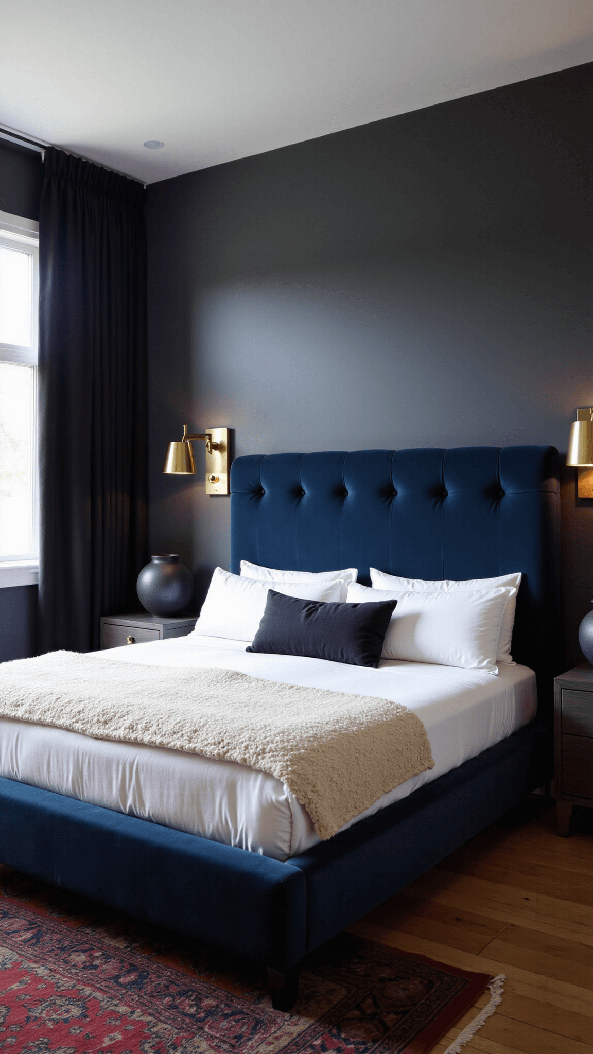 Modern 14x16ft bedroom with morning light filtering through charcoal velvet drapes, highlighting a king-sized bed with navy velvet headboard, brass sconces, and a Persian rug.
