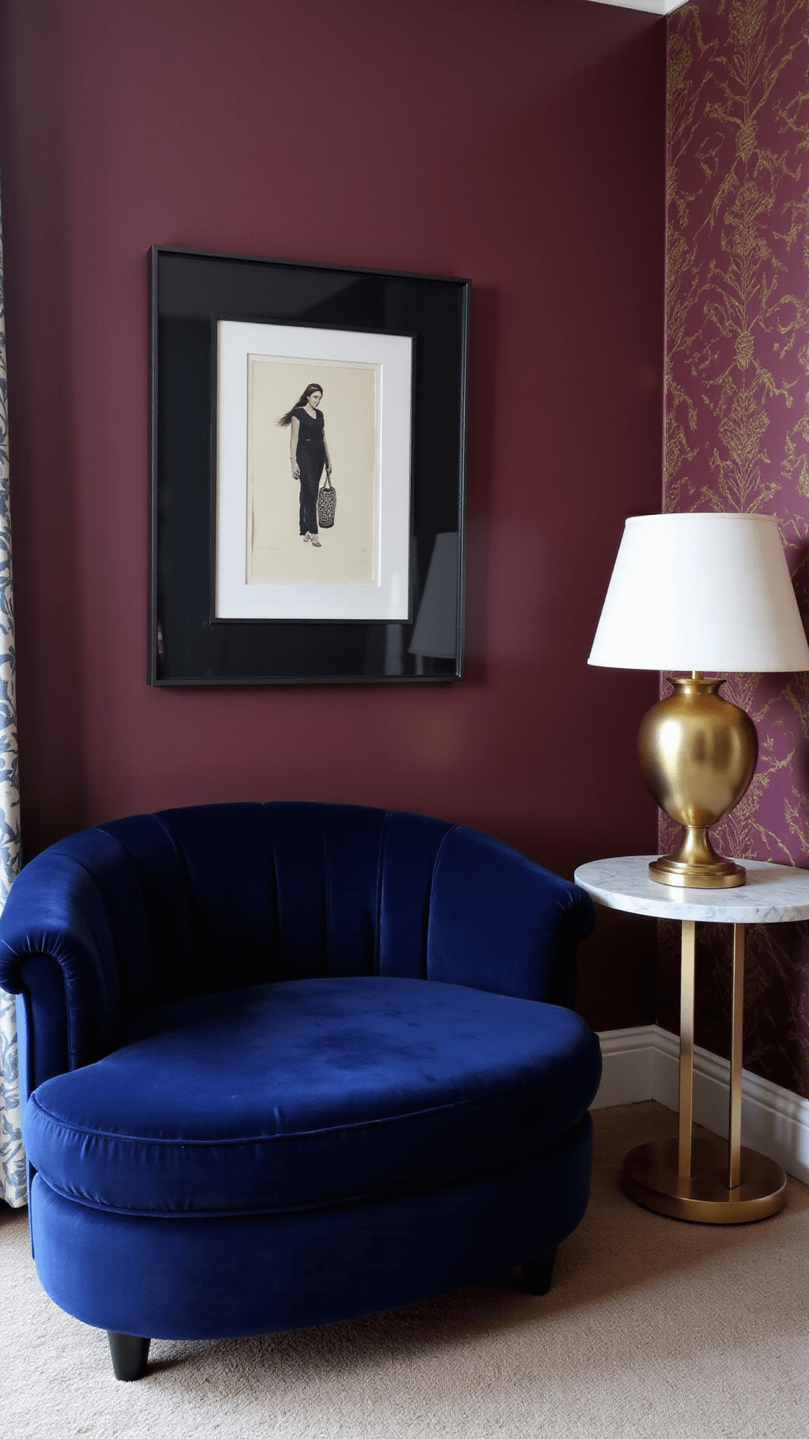 Overhead shot of an art deco-inspired bedroom with aubergine walls, gold geometric patterns, a blue velvet chaise, abstract wall art, a marble side table with a brass lamp, and varied textures of silk, wool, and metal.