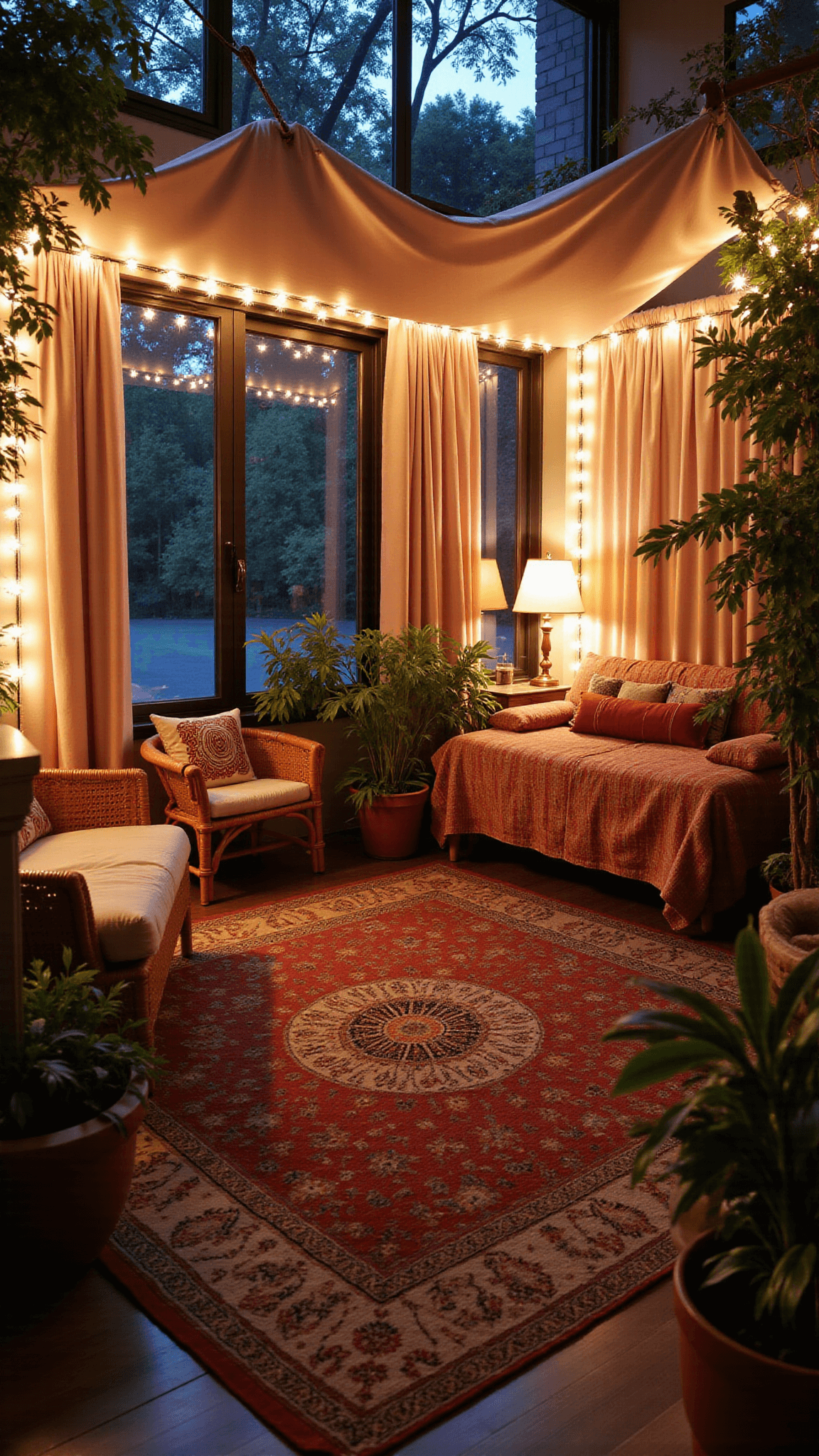 Bohemian style bedroom during blue hour with twinkle lights, blush curtains, brass sconces, rattan furniture, vintage rugs, and hanging plants creating a dreamy ambiance.