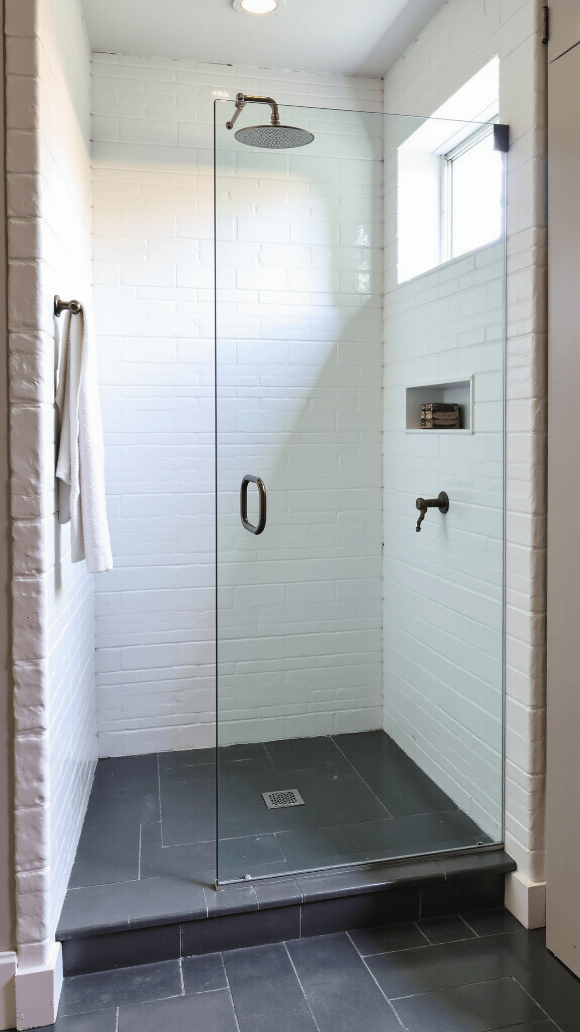A modern, budget-friendly bathroom in cool greys, crisp whites, and aged brass accents, featuring space-optimizing corner shower with large-format slate grey tiles and glass partition, built-in corner shelf with LED accent lighting, and vintage brass fixtures.